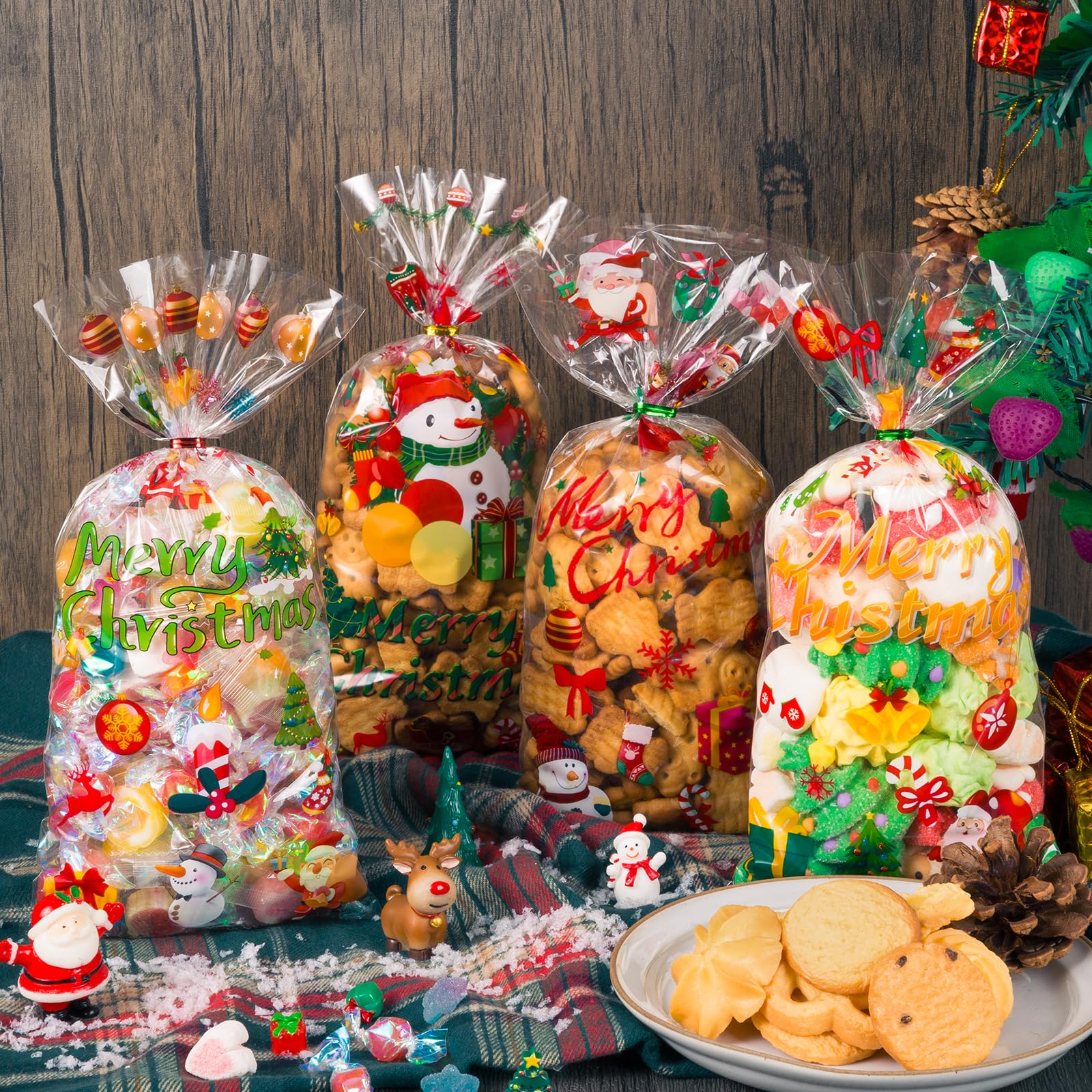 120 Pcs Clear Christmas Cellophane Treat Bags with Santa Claus & Bells Pattern - Holiday Candy Bags for Xmas Party Favors, Gift Wrapping & Home Decorations