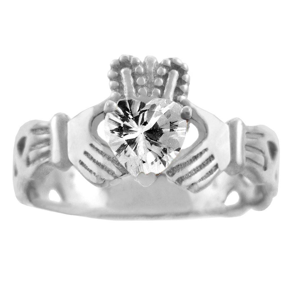 10K White Gold Claddagh Trinity Band Ring with White Clear CZ Heart - Irish Celtic Jewelry for Women, Wedding, Anniversary & Promise Rings