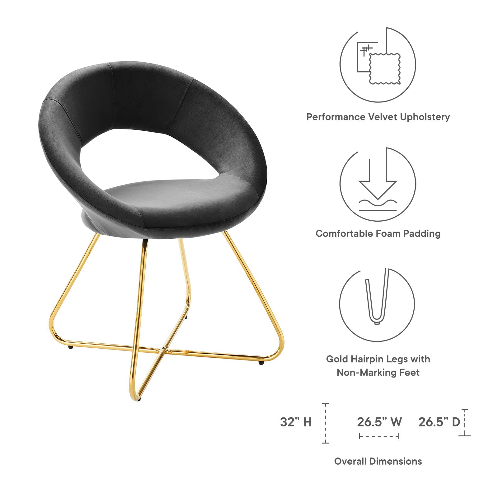 Premium Velvet Dining Chairs Set of 2 - Modern Gold & Charcoal Upholstered Accent Chairs for Elegant Dining Room, Restaurant or Home Decor