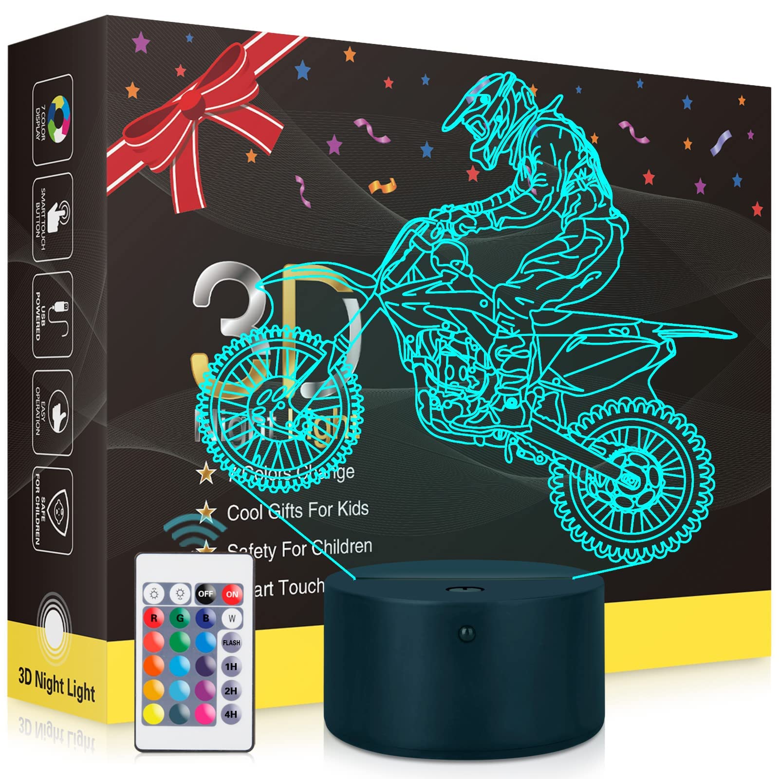 Metplus 3D Illusion LED Dirt Bike Night Light - Remote & Touch Control, 16 Colors, Timer, Dimmable - Perfect for Kids Room Decor, Motocross Lover Gift, Birthday & Christmas Present for Boys, Girls & Men - Ideal for Bedroom, Game Room, and Motorcycle Themed Parties