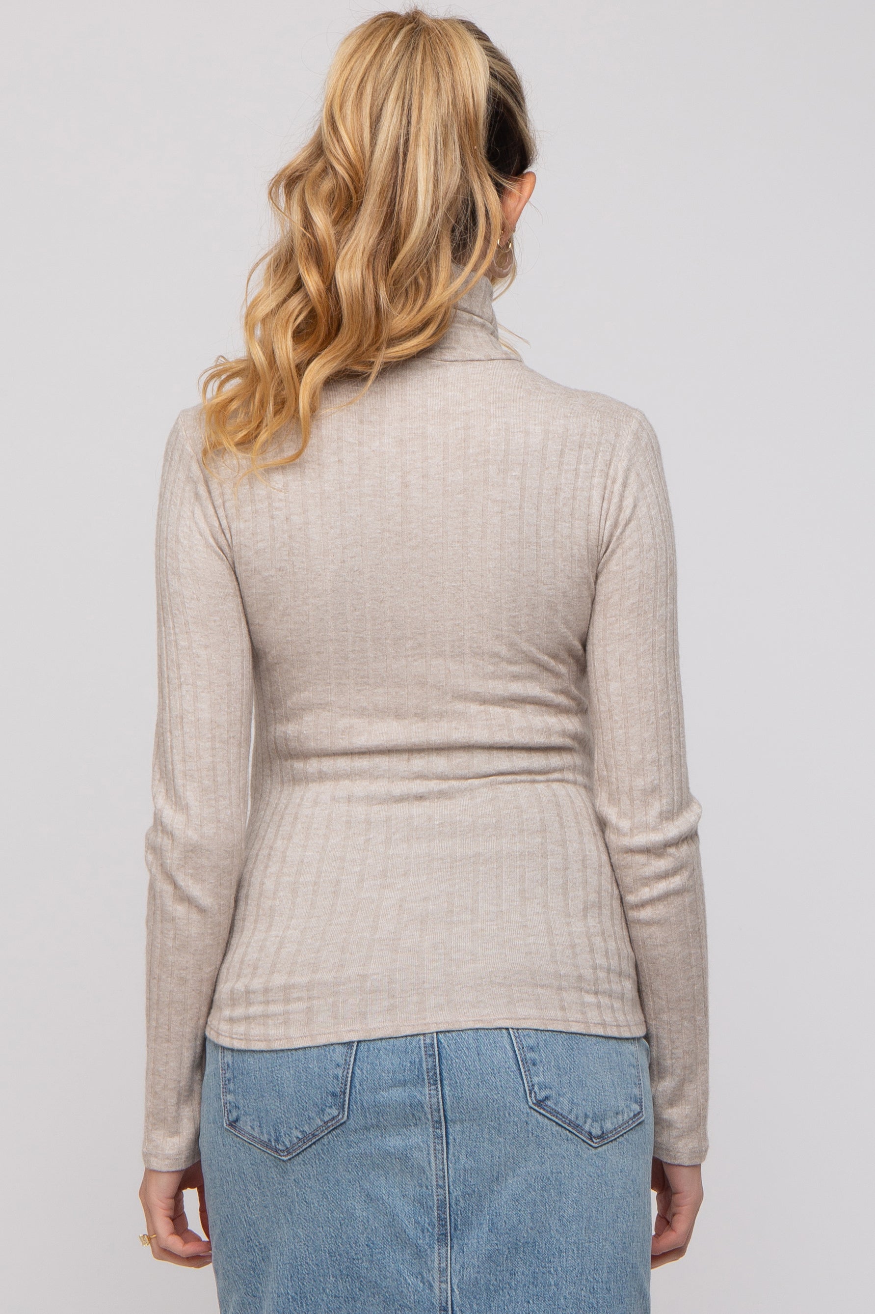 Beige Ribbed Long Sleeve Maternity Turtleneck Top - Soft Stretchy Pregnancy Shirt for Women | Perfect for Work, Casual Wear & Maternity Photos