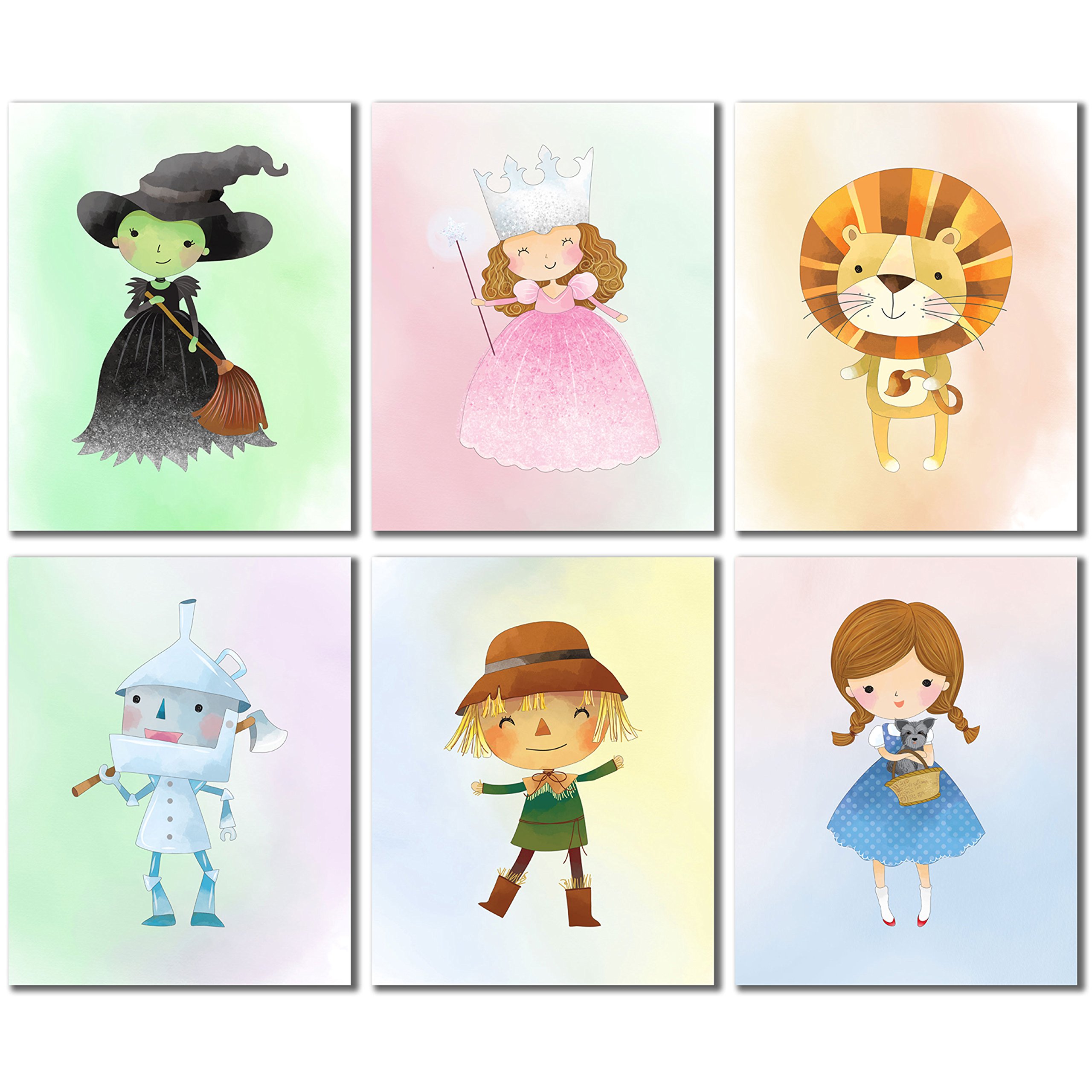 Wizard of Oz Wall Art Prints - Set of 6 Nursery Decor (8x10 Inches) - Dorothy, Tin Man, Scarecrow, Lion, Wicked Witch & Glinda - Perfect for Kids Bedroom, Playroom & Baby Shower Gifts