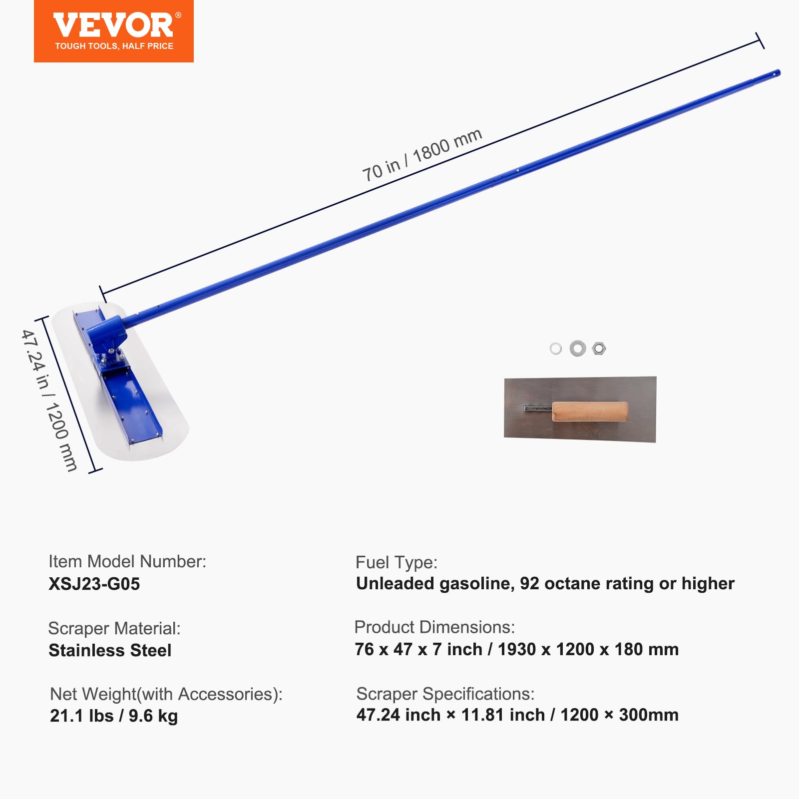 VEVOR 47x11.8 Inch Manganese Steel Bull Float - Professional Concrete Finishing Tool for Driveways, Patios & Pool Decks - Includes Float Handle & Bracket - Durable Cement Smoothing Kit for Construction Projects