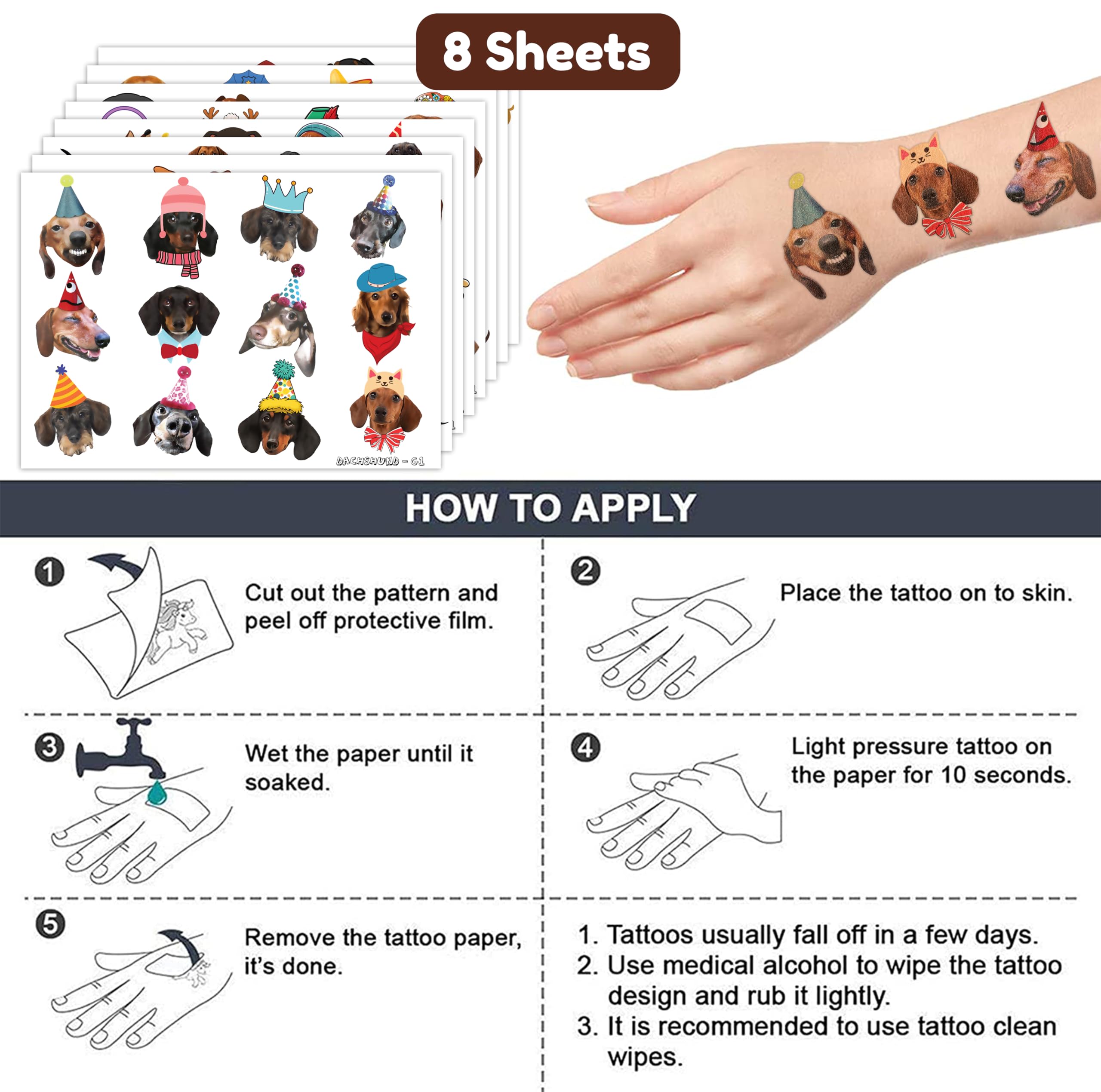96 PCS Dachshund Dog Tattoos & Stickers - Funny Wiener Dog Party Supplies for Kids Birthday, Baby Shower, Pet Lover Gifts - Waterproof Temporary Tattoos & Decorative Stickers for Scrapbooking, DIY Crafts