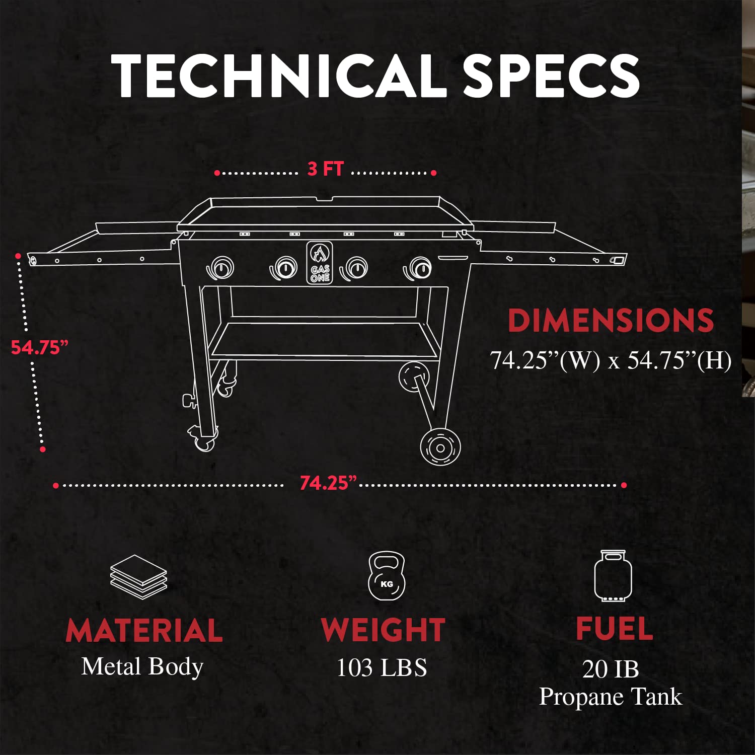 Gas One 36-Inch Flat Top Propane Grill Griddle - Foldable 4-Burner Outdoor Cooking Station with Pre-Seasoned Surface & Side Shelves - Professional Black Griddle for Backyard BBQ, Tailgating & Camping