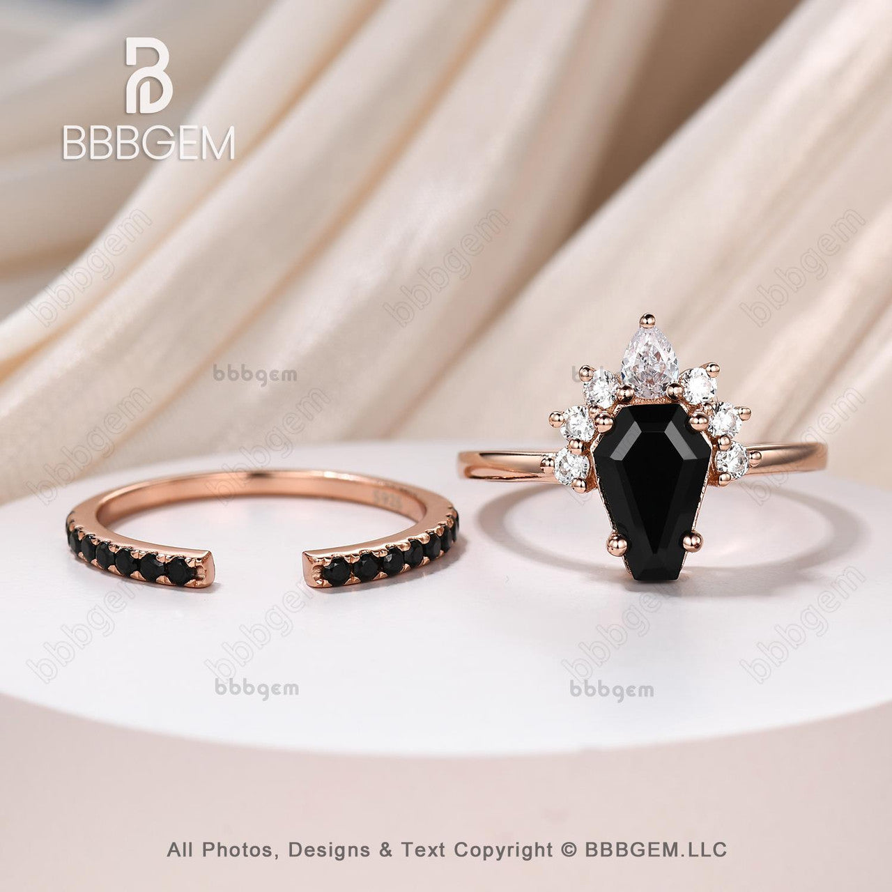 10K Rose Gold Black Onyx Coffin Cut Statement Ring Set for Women - Gothic Natural Onyx Spinel Engagement Ring - Perfect for Weddings, Parties & Gothic Fashion Accessories