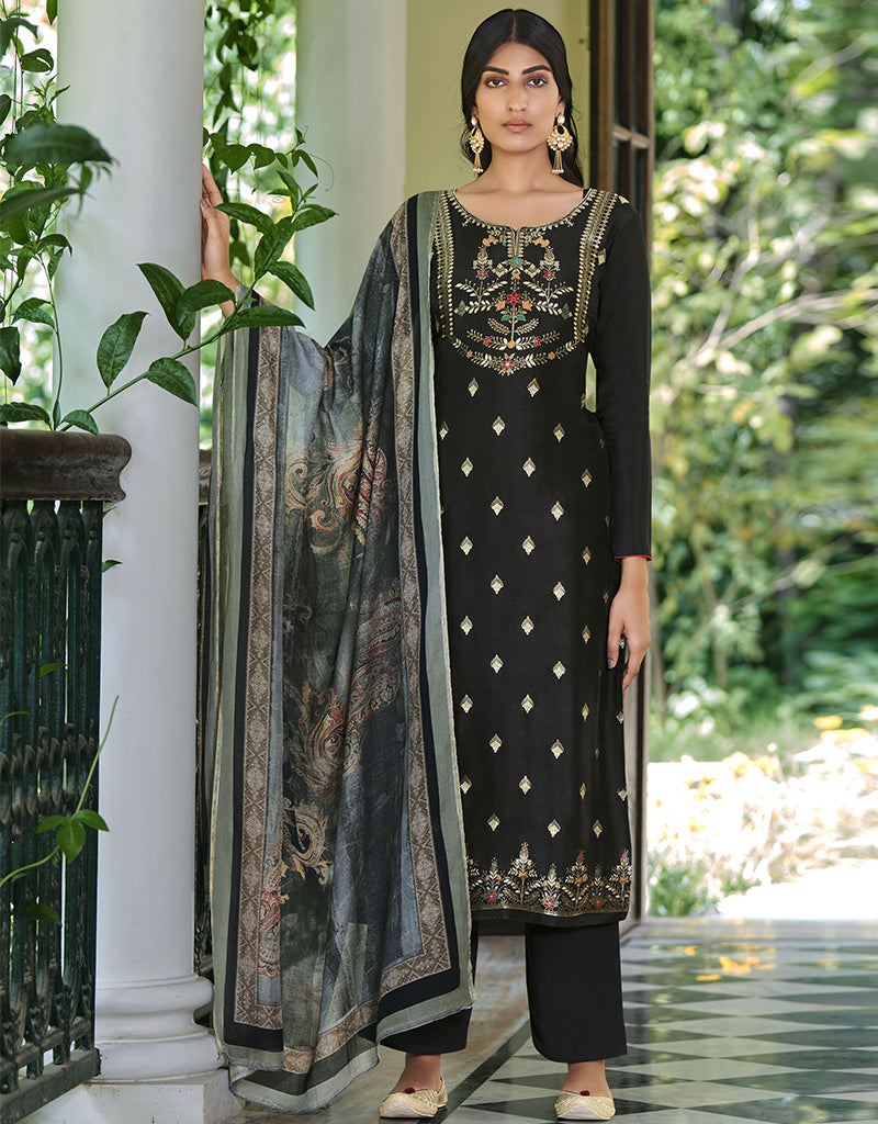 Black Pure Viscose Russian Silk Jacquard Pant Suit for Women - Elegant Office Wear & Formal Occasions