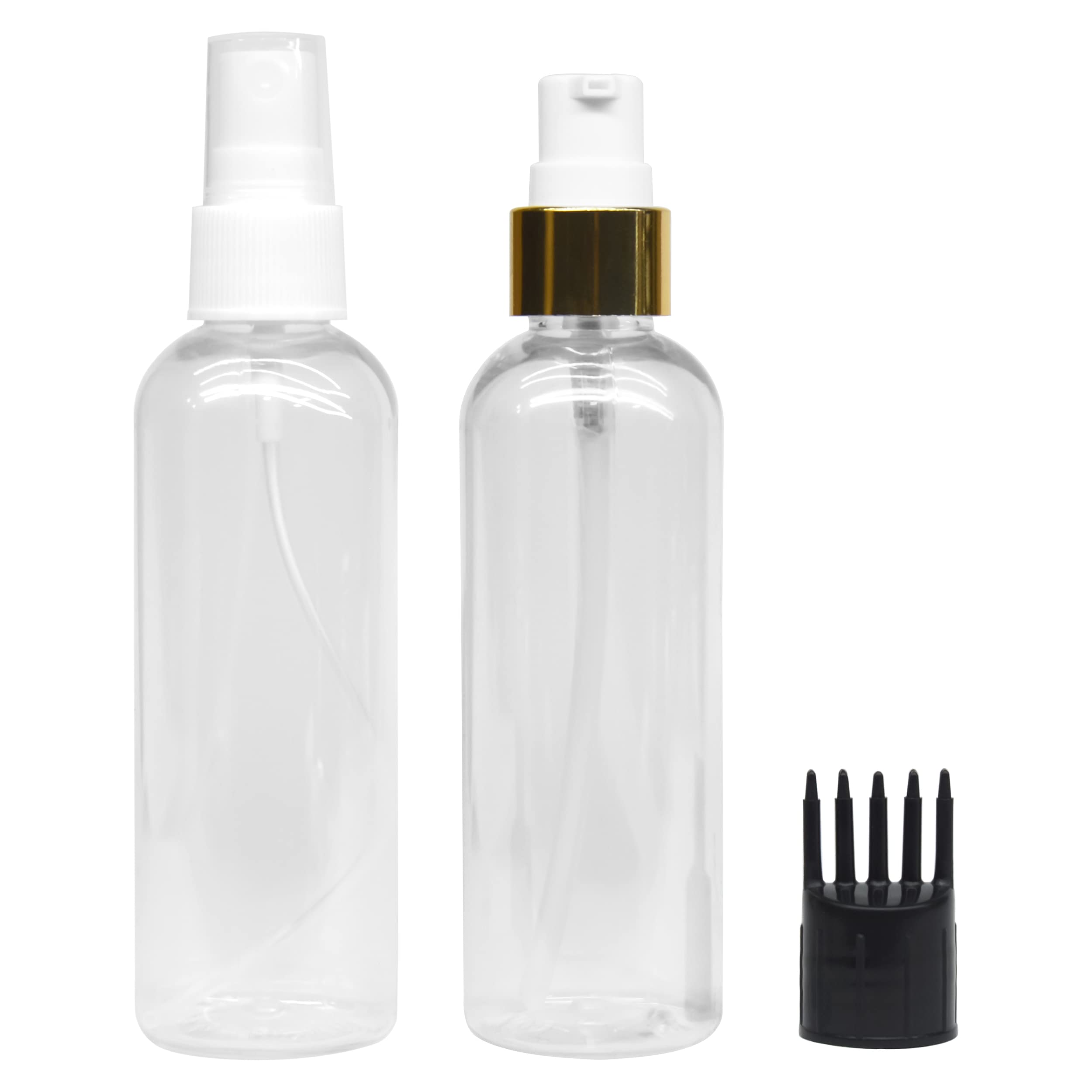 MeeTo 2 Pack Refillable Cylindrical Bottles with Pump Dispenser, Spray Atomizer & Root Comb Applicator - Ideal for Perfume, Shampoo, Lotion, Body Soap & Cream Storage | Travel, Salon & Home Use