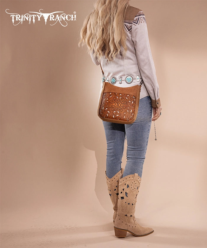 Trinity Ranch Tooled Leather Crossbody Bag Set for Women - Western Style Handbag Purse with Adjustable Strap - Perfect for Travel, Shopping & Everyday Use