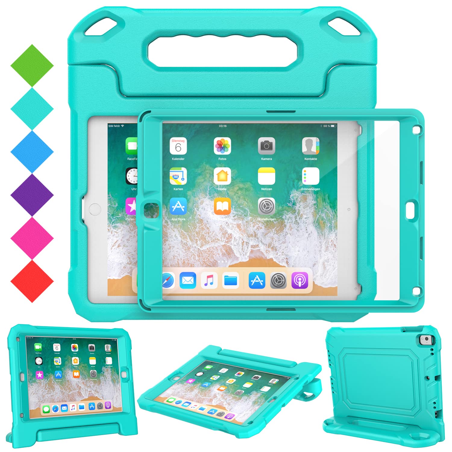 SUPLIK Shockproof Kids iPad Case for iPad 5/6 Gen (9.7 inch 2017/2018), iPad Air 1/2 & Pro 9.7 - Durable Protective Cover with Handle Stand & Screen Protector - Cyan Blue - Perfect for School, Travel & Home Learning