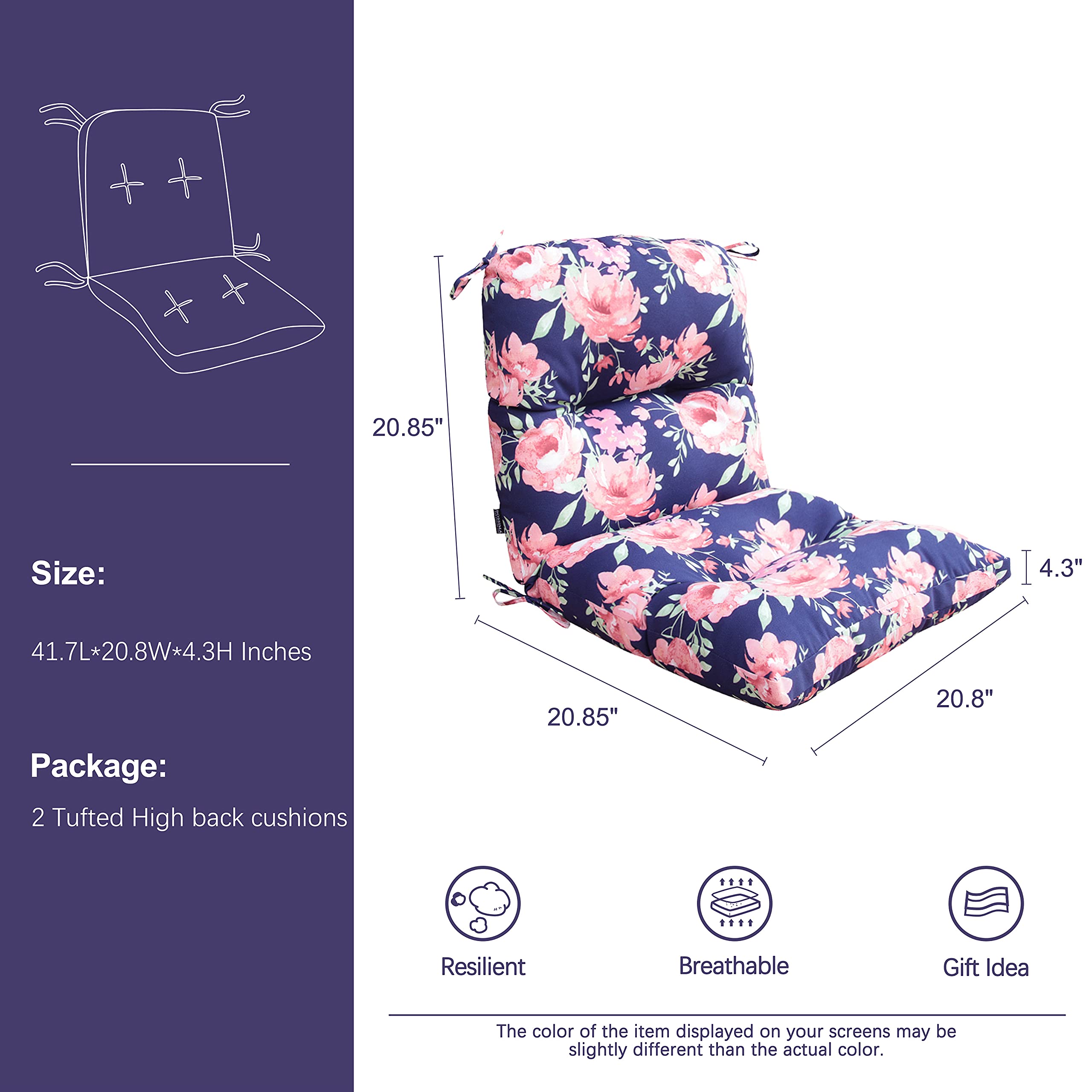 BOSSIMA High Back Chair Cushions Set of 2 - Tufted Thick Comfort Replacement Cushions for Outdoor & Indoor Use, Pink Floral Design - Perfect for Patio, Garden, Deck, and Living Room Seating