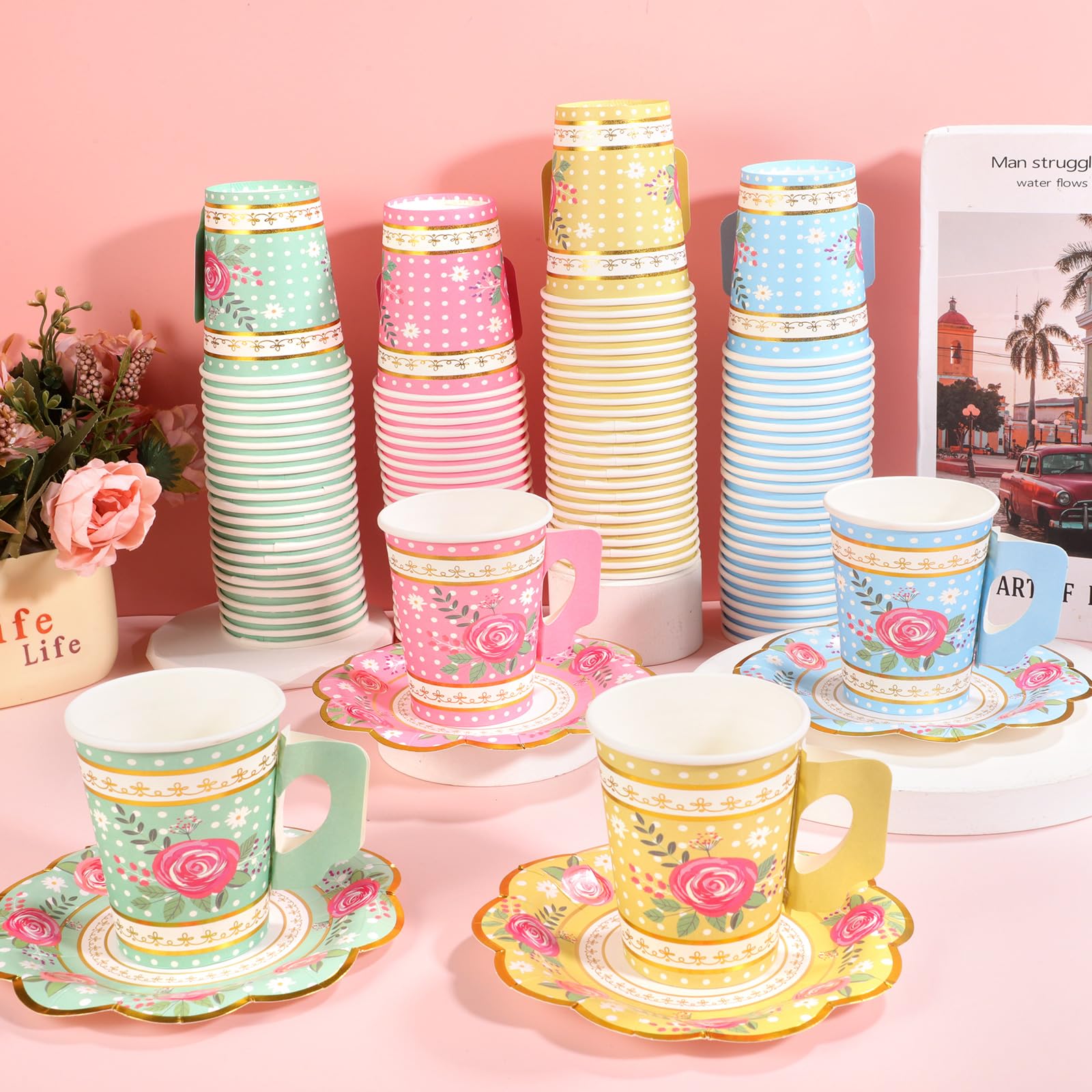 200 Pcs Floral Disposable Paper Tea Cups and Saucers Set - 9 oz Bulk Tea Cups with Handles & Plates for Tea Party, Baby Shower, Wedding, Birthday - Serves 100 Guests - Perfect for Garden Parties, Bridal Showers & Afternoon Tea Events