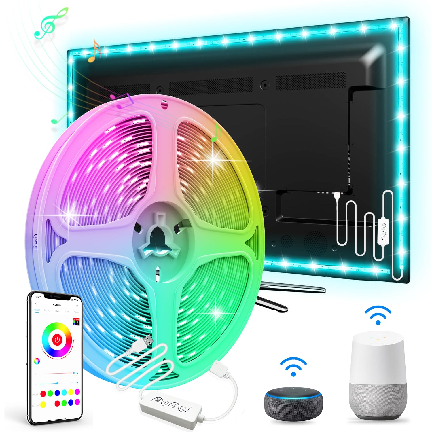 16.4ft Smart WiFi LED Strip Lights - RGB 16 Million Colors, Works with Alexa & Google Assistant, App & Music Sync Control - Perfect for Bedroom, Living Room, Party & Home Decor Lighting