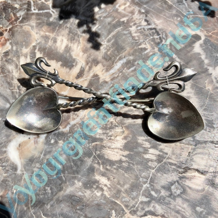 Vintage Sterling Silver Fleur de Lis & Crossed Heart Spade Brooch Pin - Elegant Jewelry for Women, Perfect for Weddings, Parties & Special Occasions