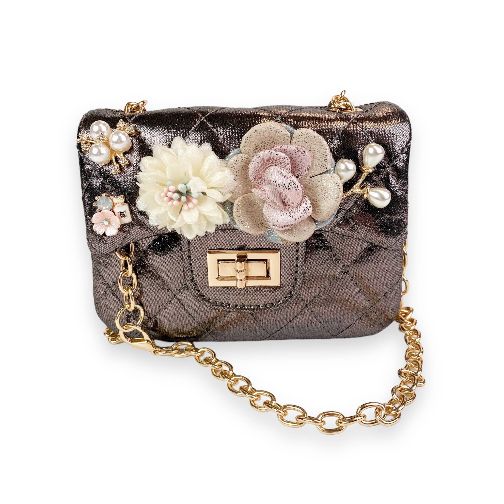 Shiny Silver Floral Applique Quilted Purse for Women - Elegant Evening Bag for Parties, Weddings & Special Occasions