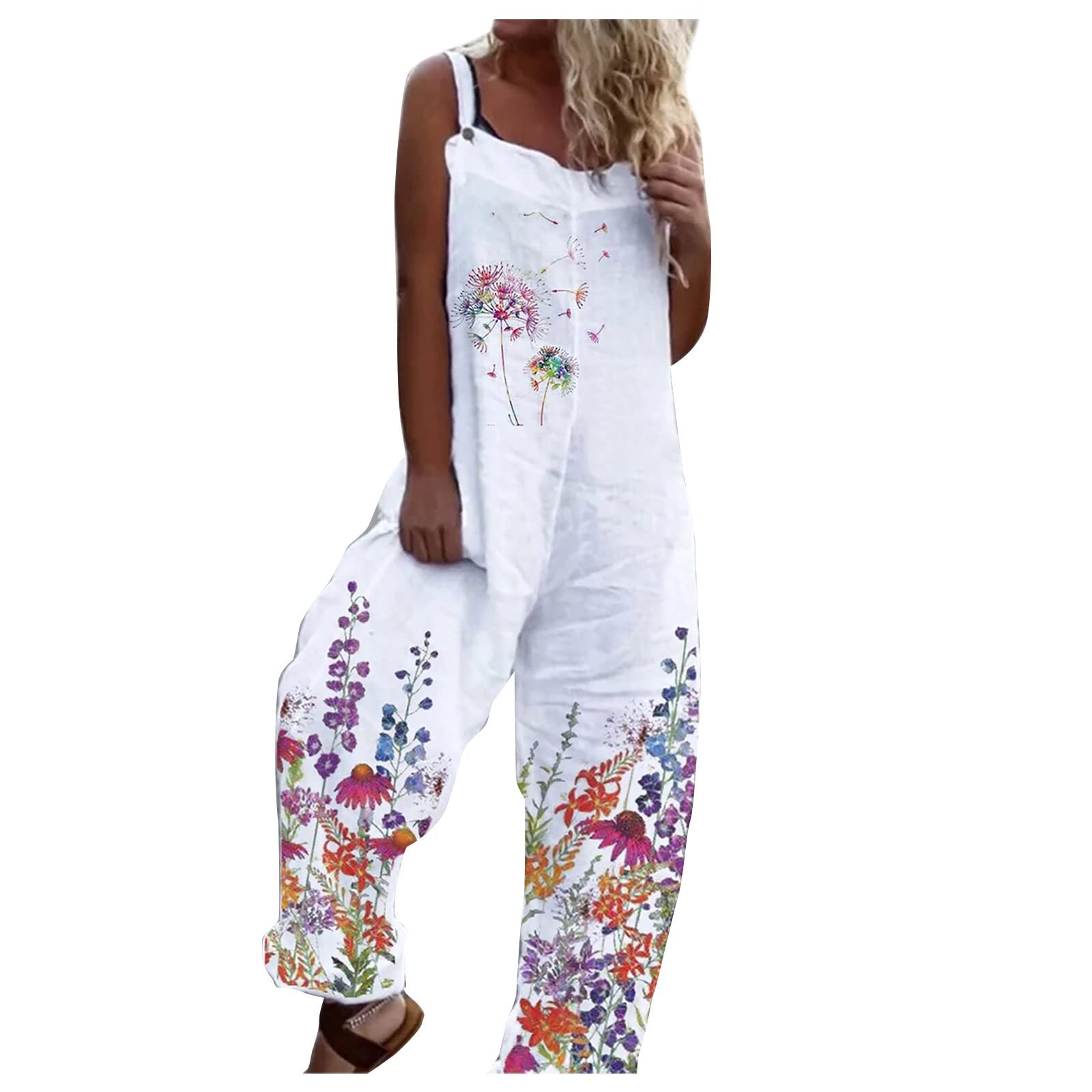 Women's Casual Summer Jumpsuit - Adjustable Straps, Flowy Loose Fit, Stretchy Romper with Print | Perfect for Beach Outings, Vacation Wear & Everyday Comfort