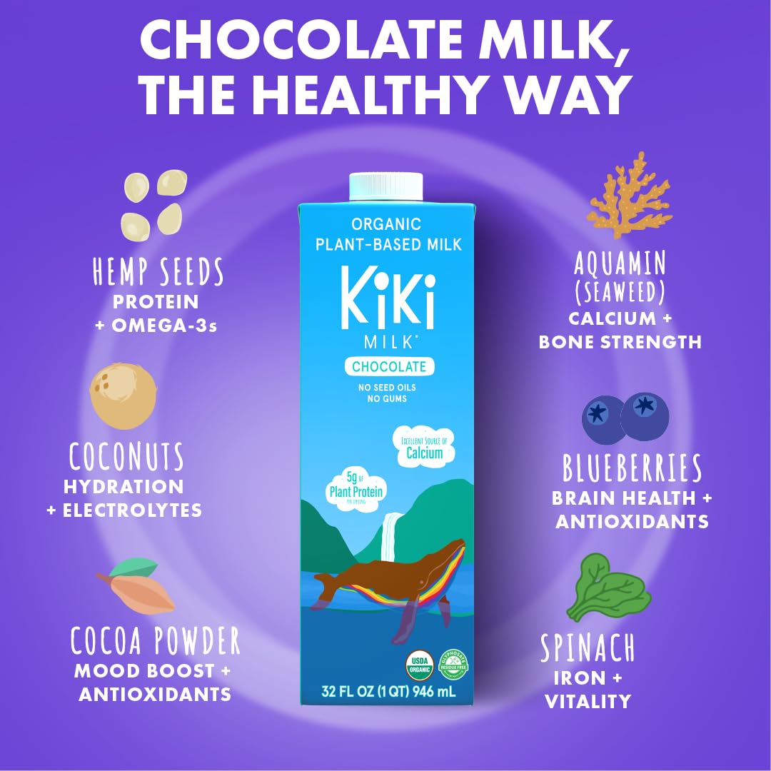 Organic Chocolate Kiki Plant-Based Milk - Rich in Calcium & Magnesium - Gluten, Gum, GMO, Dairy, Soy & Glyphosate Free - Shelf-Stable (32oz, 6-Pack) - Perfect for Smoothies, Baking & Healthy Breakfasts