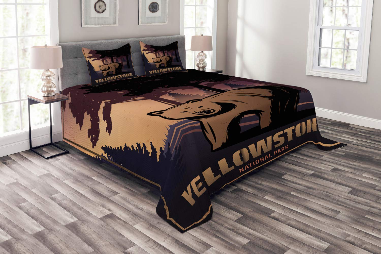 Ambesonne Wyoming Bedspread - Cartoon Yellowstone National Park Bear & Forest Design, 3-Piece Quilted Coverlet Set with 2 Pillow Shams, King Size, Multicolor | Perfect for Bedroom Decor, Guest Room & Cabin Retreats
