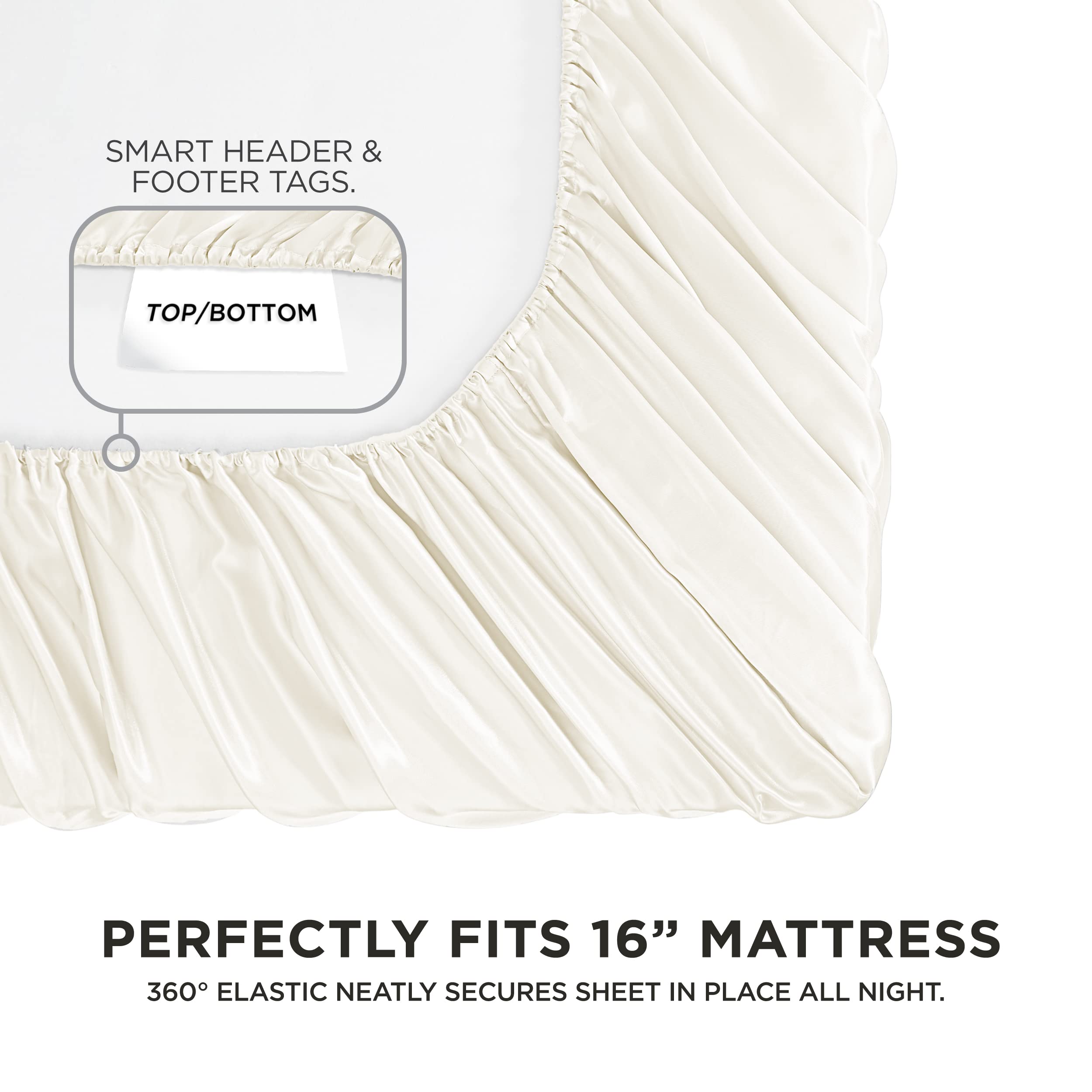 Juicy Couture Full Size Satin Bed Sheet Set - 4 Piece Deep Pocket Silky Satin Sheets with 1 Fitted Sheet, 1 Flat Sheet & 2 Pillowcases | Wrinkle Resistant, Anti-Pilling Luxury Bedding for Master Bedroom, Guest Room & Hotel Use - Ivory