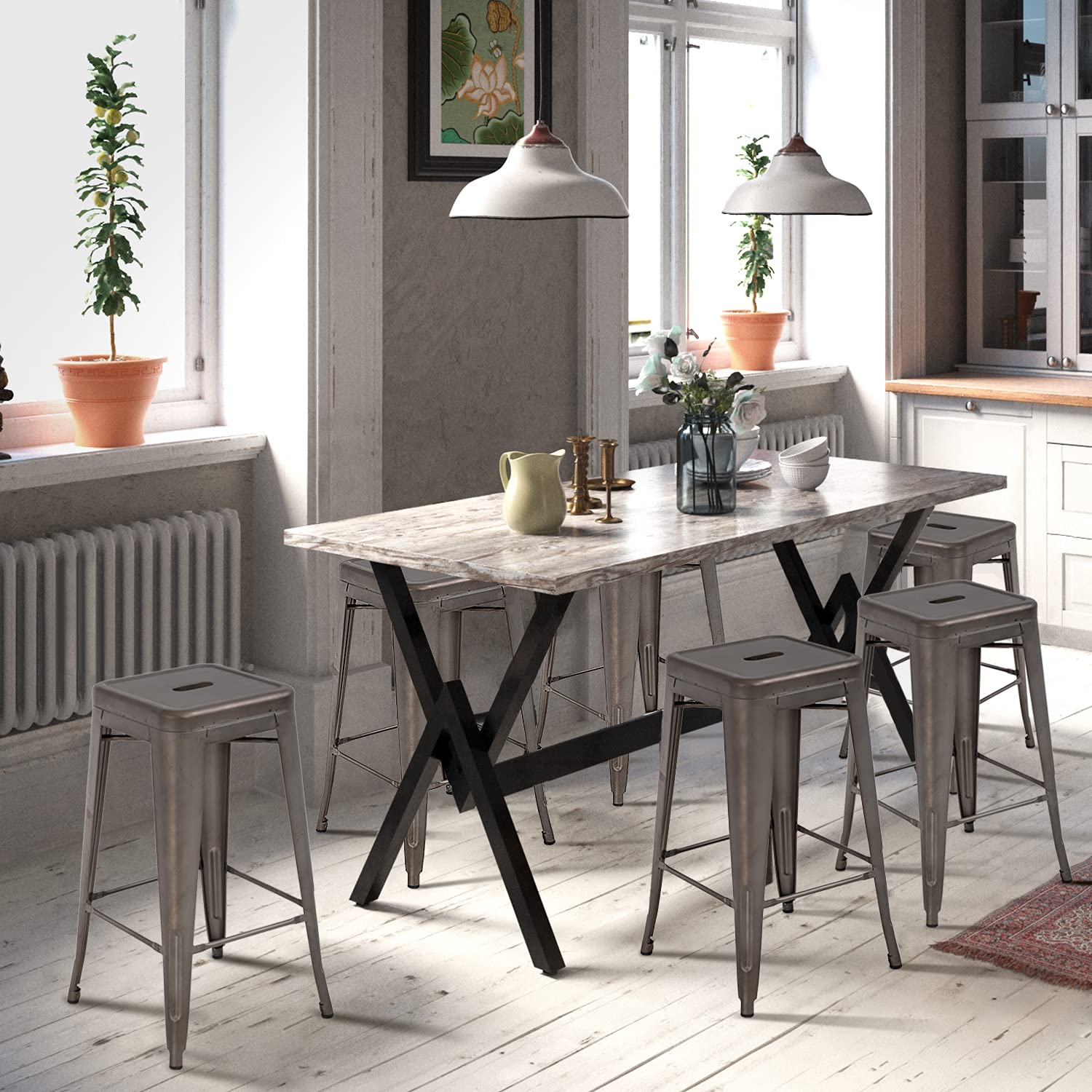 HCY 24 Inch Metal Dining Chairs Set of 4 - Stackable Bar Stools for Kitchen, Patio, Indoor & Outdoor Use - Bronze Finish Modern Chairs for Restaurant, Cafe, and Home Decor