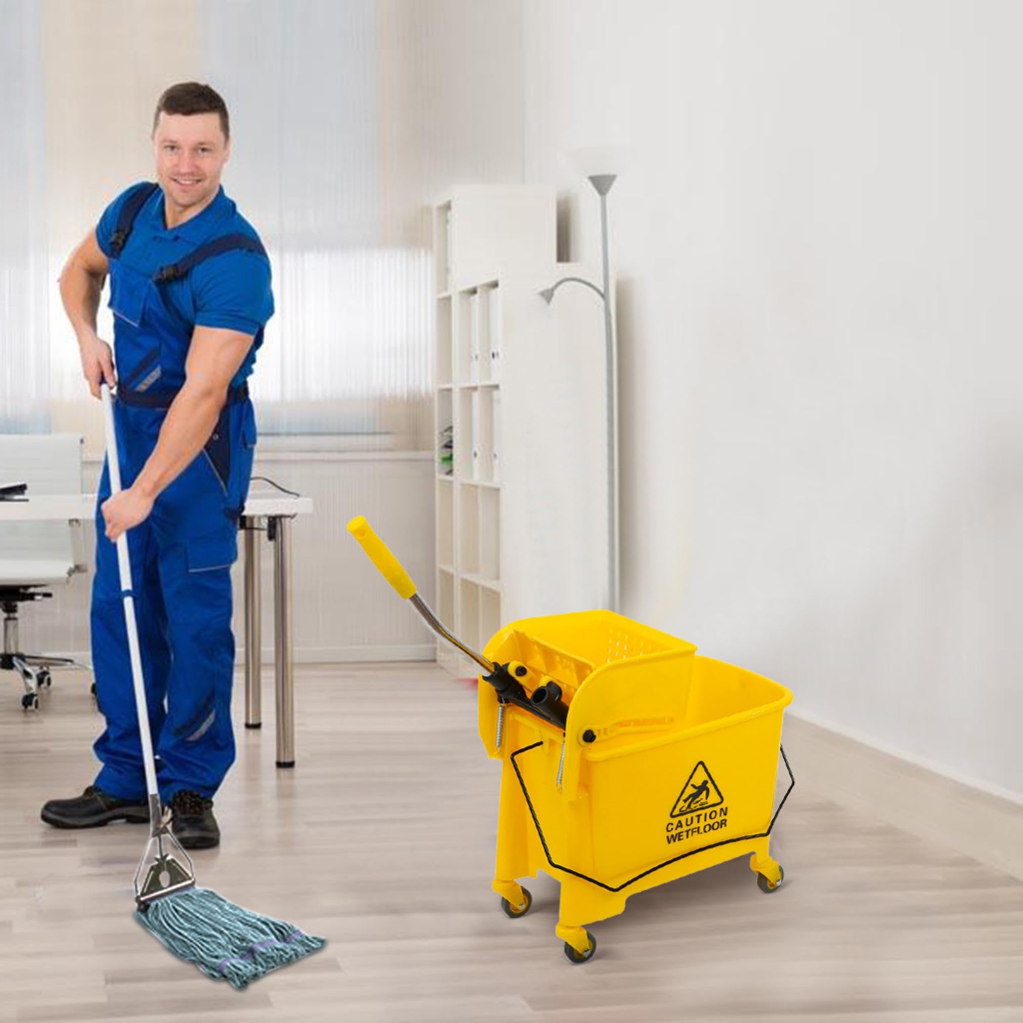 Commercial 20 Quart Mop Bucket with Wringer on Wheels - Heavy Duty Side Wringer Combo Set for Home & Industrial Cleaning - Ideal for Schools, Hospitals, and Office Floor Maintenance
