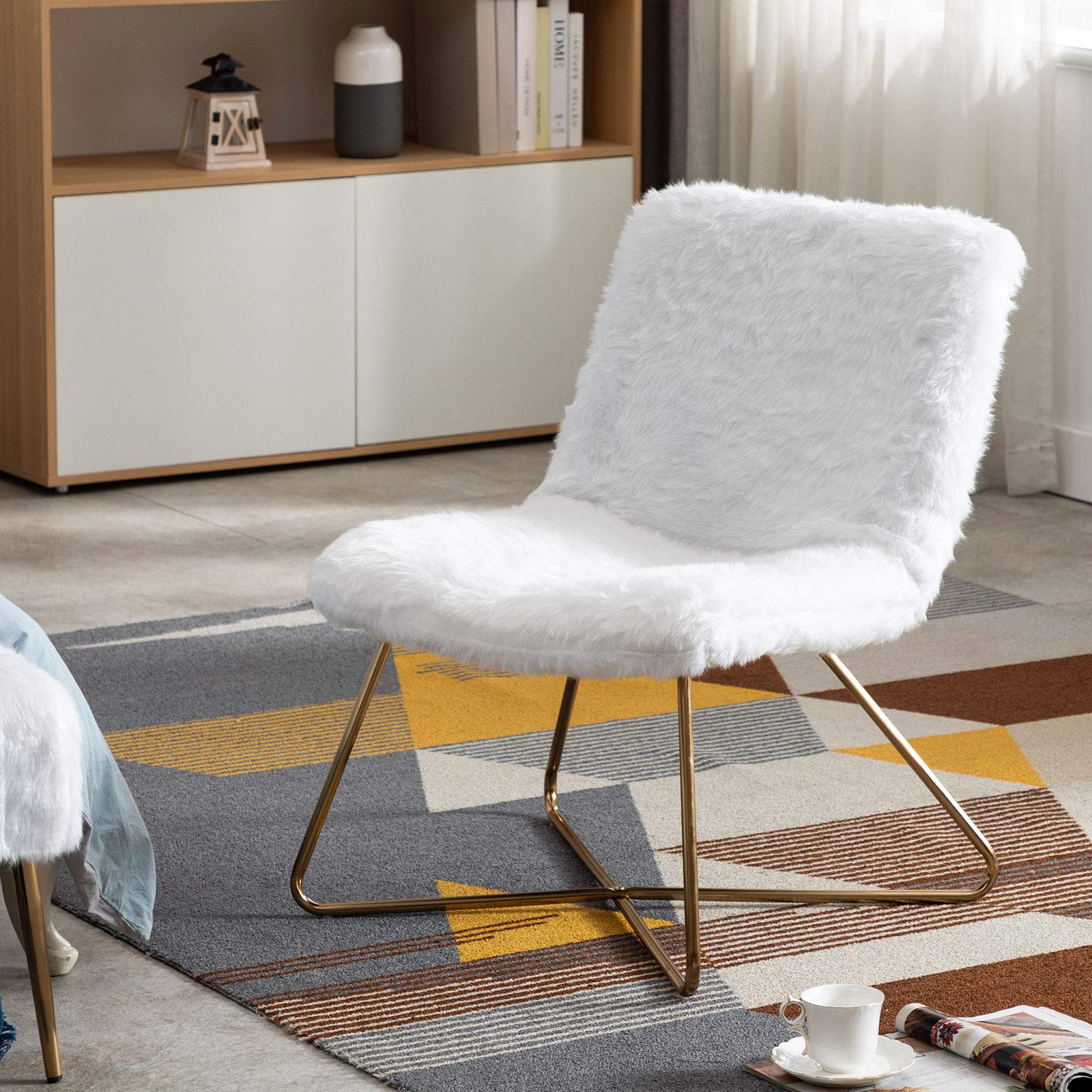 DUHOME White Faux Fur Upholstered Accent Chair - Modern Living Room & Office Desk Chair with Gold Metal Legs - Perfect for Cozy Home Decor, Reading Nook & Workspace