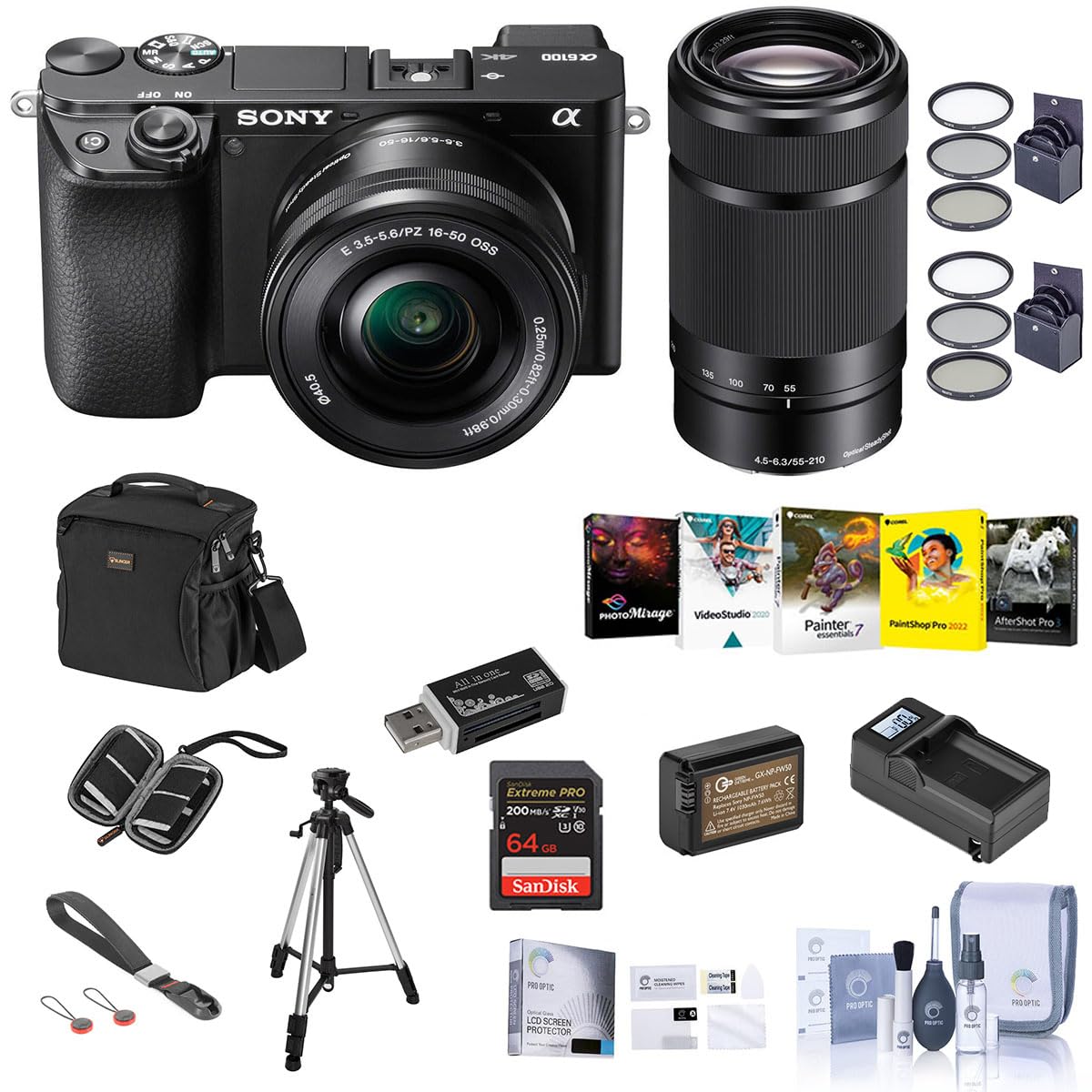 Sony Alpha a6100 Mirrorless Digital Camera with 16-50mm & 55-210mm Zoom Lenses Kit - Professional Photography Bundle Includes Camera Case, 64GB SDHC Card, Extra Battery, Tripod & Accessories - Perfect for Travel, Vlogging & Portrait Photography