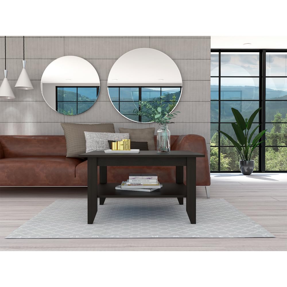 Tuhome Modern Essential Coffee Table with One Shelf and Four Legs - Black - Perfect for Living Room, Lounge, and Office Decor