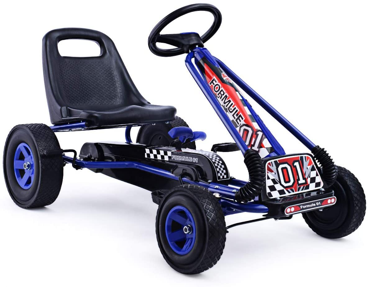 HONEY JOY Kids 4-Wheel Off-Road Pedal Go Kart - Adjustable Seat, Steering Wheel & EVA Tires with Dual Safety Brakes - Blue Outdoor Ride-On Car for Boys & Girls - Perfect for Backyard, Park & Driveway Racing Adventures