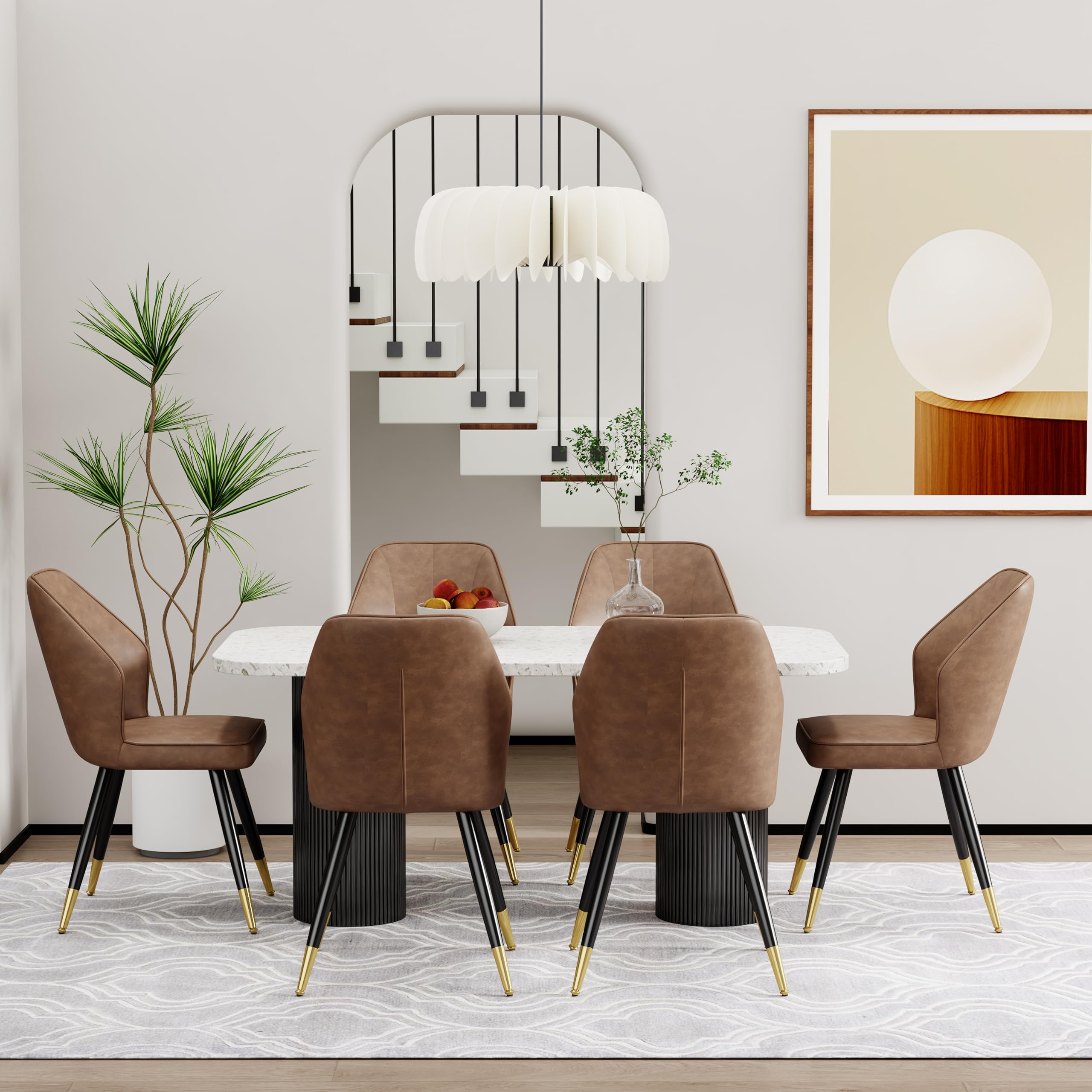 Andeworld Set of 2 Mid Century Modern Upholstered Dining Chairs - Faux Leather Armless Side Chairs with Golden Metal Legs for Dining Room, Living Room, Kitchen & Office - Brown Accent Chairs for Home Decor