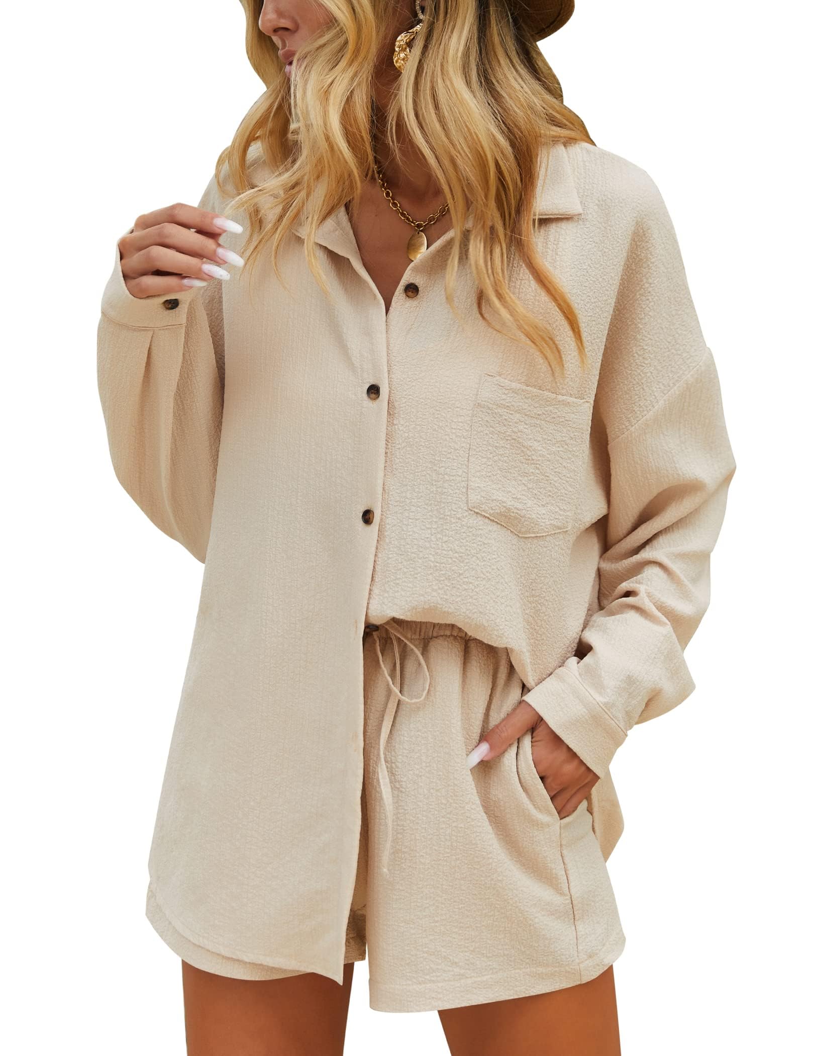 Ekouaer Women's Summer Lounge Set - Button Down Shirt & Casual Shorts with Pockets, 2 Piece Outfit for Home, Travel & Casual Wear