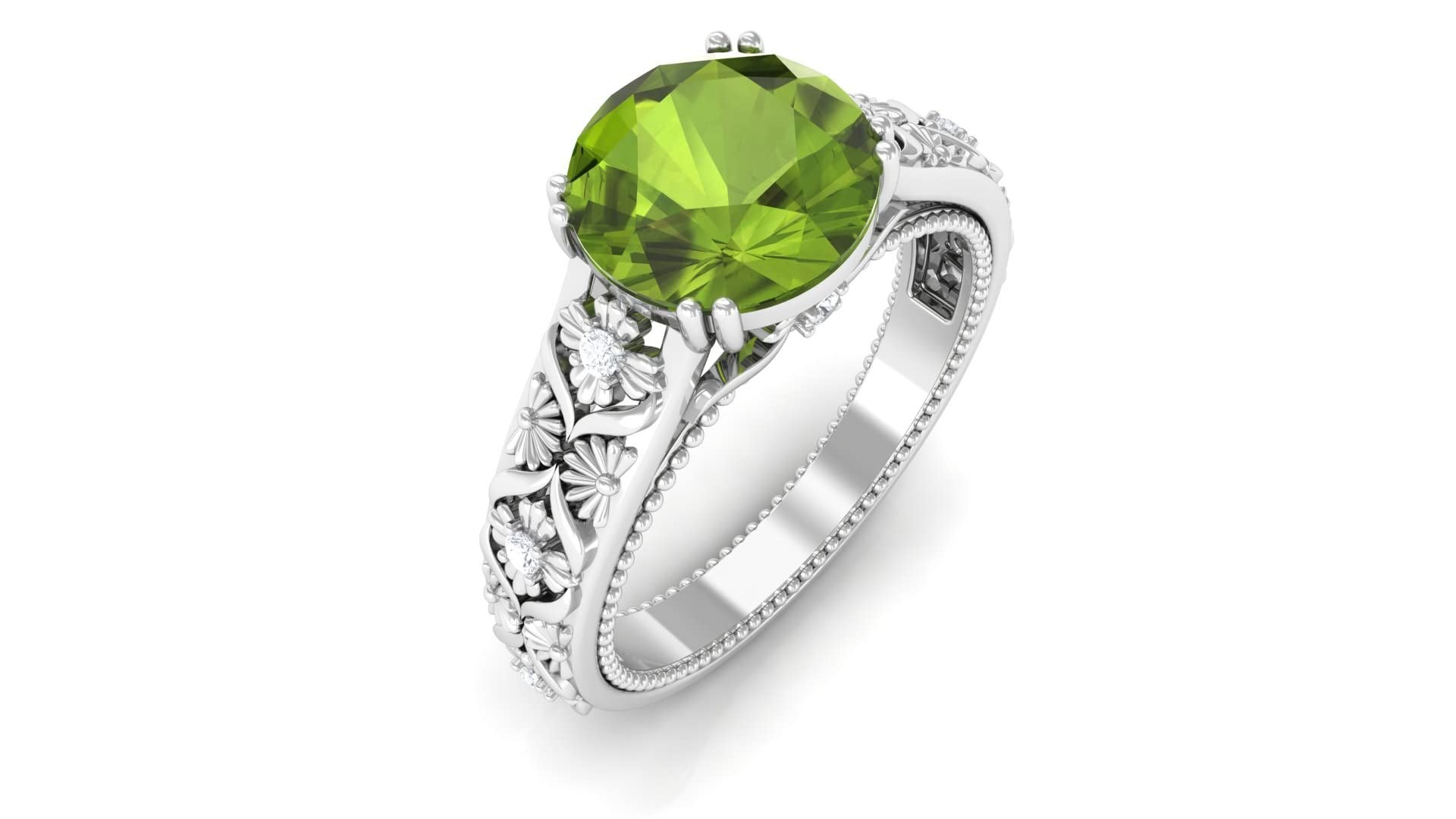 8MM Round Cut Peridot and Diamond Vintage Floral Engagement Ring in 14K Solid Gold - Perfect for Wedding, Proposal, Anniversary & Special Occasions
