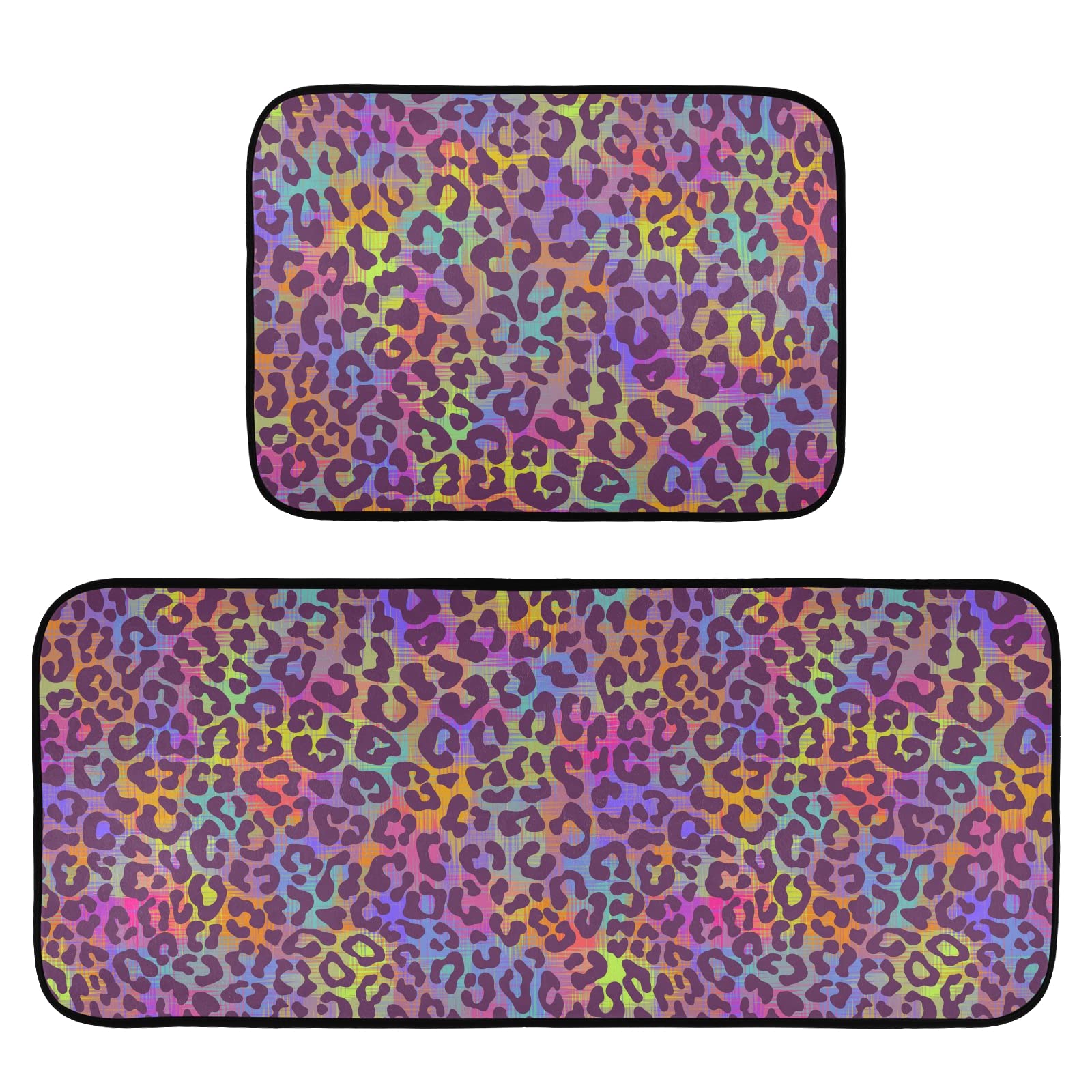 Non-Slip Washable Kitchen Mats & Bath Rugs 2-Piece Set - Cushioned Anti-Fatigue Floor Mats in Neon Rainbow & Leopard Print | Perfect for Kitchen, Bathroom & Laundry Room Floor Protection