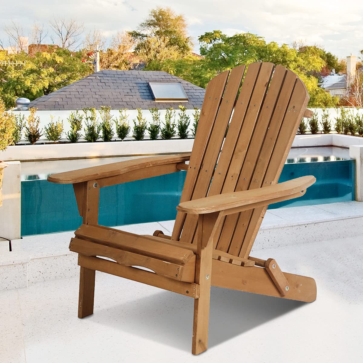 Premium Folding Wooden Adirondack Chair - Natural Finish Outdoor Patio Furniture for Garden, Lawn, Deck & Poolside Relaxation | Comfortable Lounger Accent Chair for Backyard, Beach & Camping