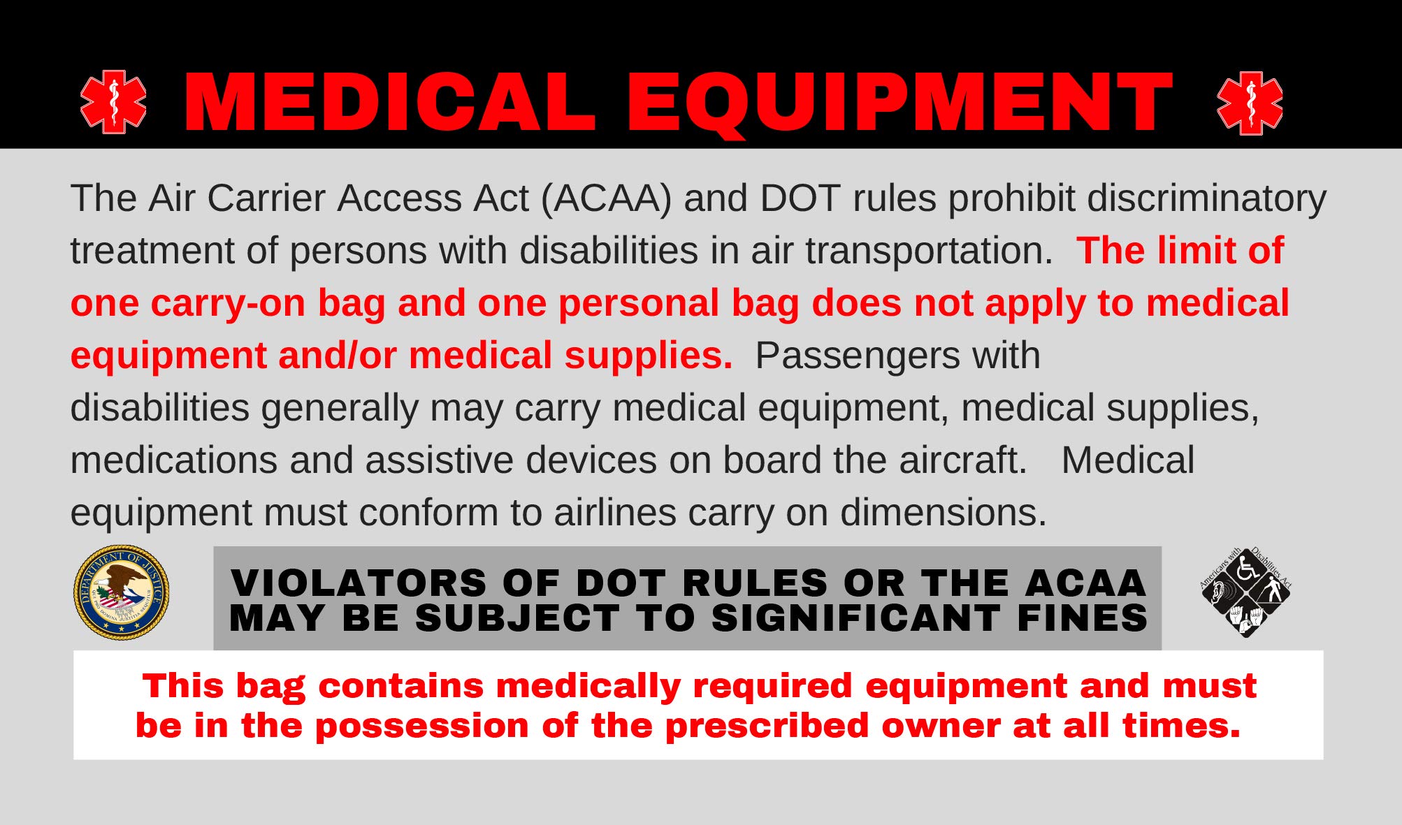 CPAP Medical Alert Luggage Tag - Handle with Care, Complies with DOT & ACAA Regulations (1 Pack) - Perfect for Travel with Sleep Apnea Equipment