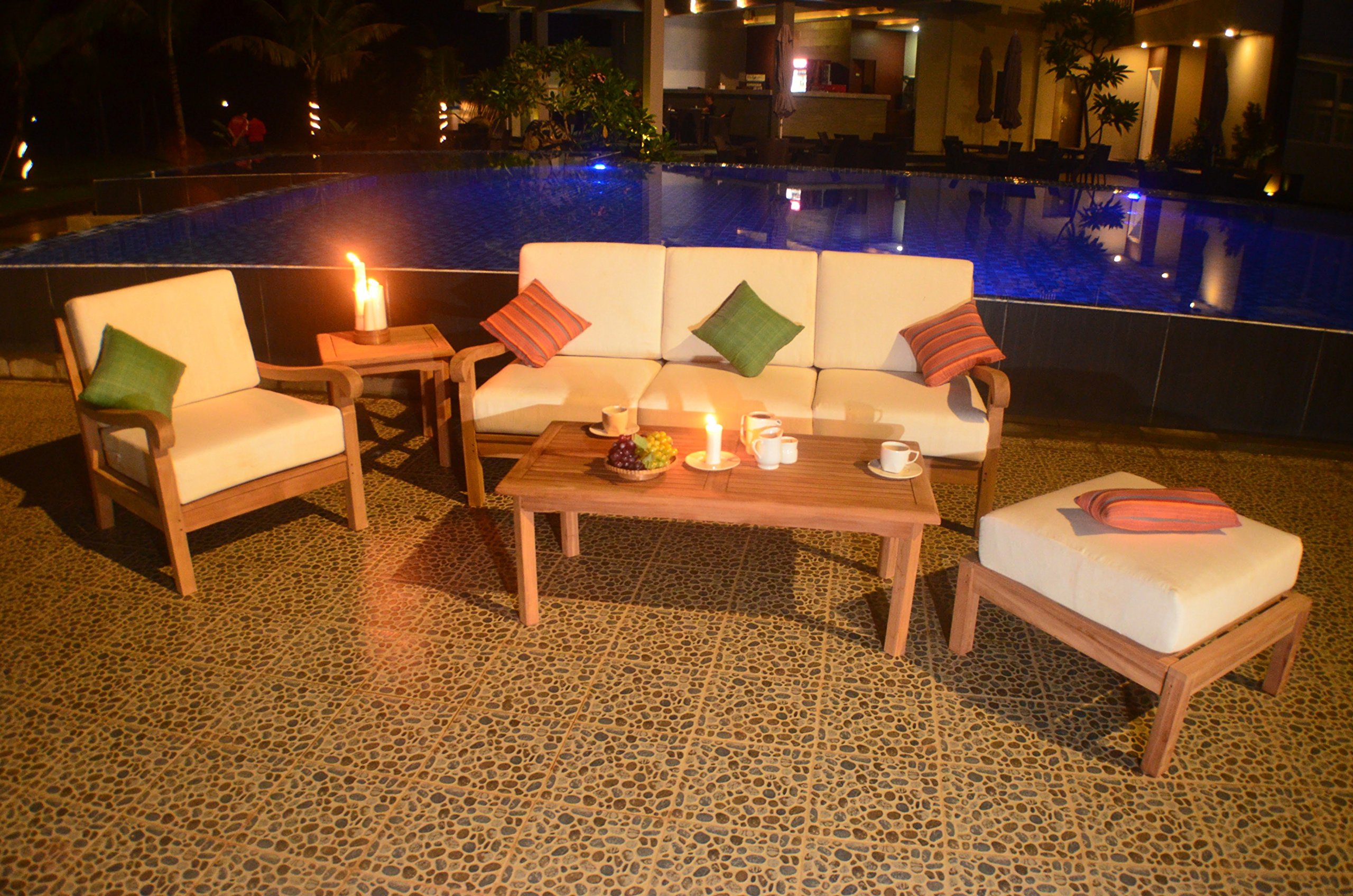 Premium 5-Piece Outdoor Patio Teak Sofa Set - 3-Seater Sofa, Armchair, Coffee Table, Side Table & Ottoman with Weather-Resistant Cushions - Naples Collection for Garden, Poolside & Backyard Relaxation