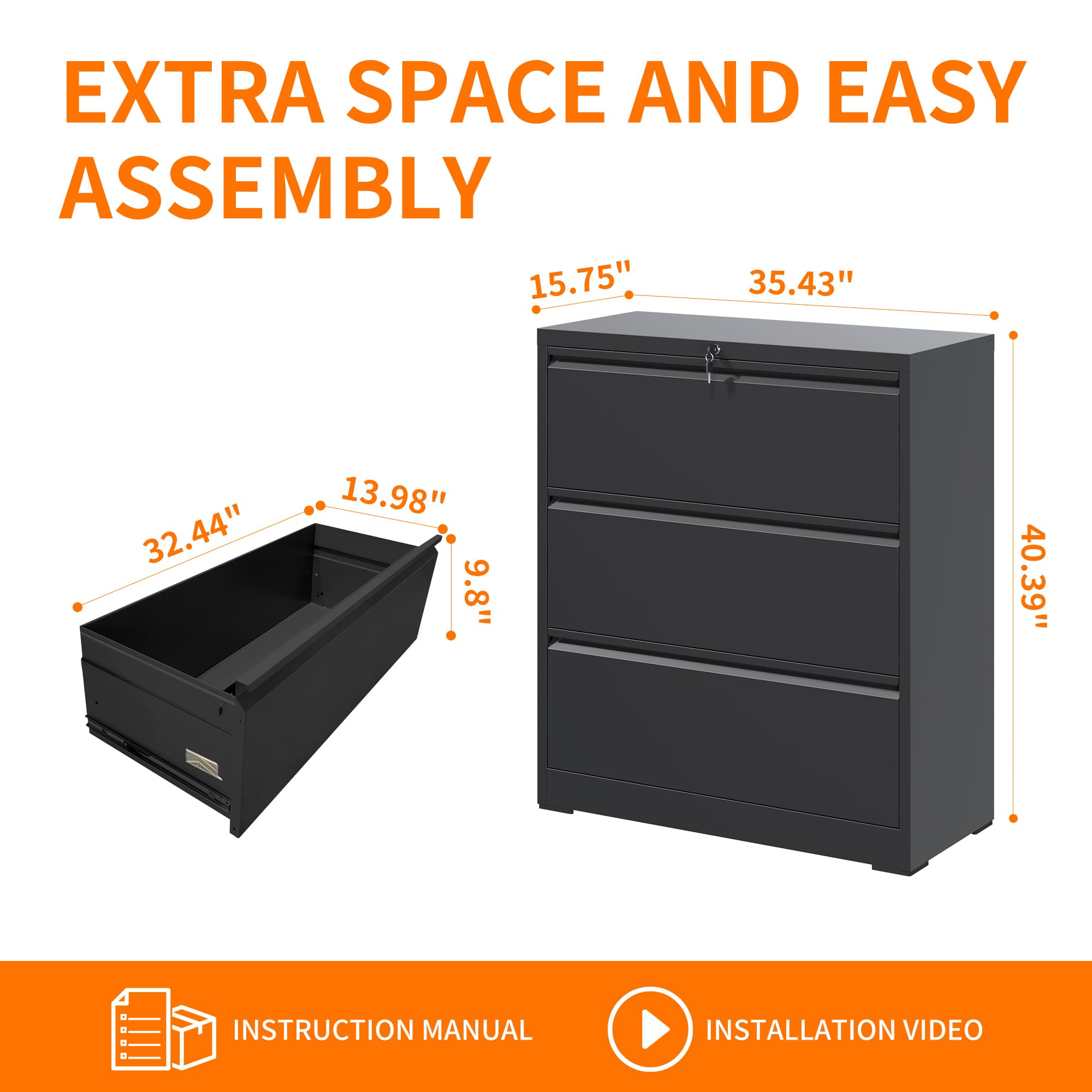 3-Drawer Heavy Duty Locking Metal Filing Cabinet - Large Lateral Steel File Cabinet for Home & Office, Legal/Letter Size Files (Assembly Required) - Perfect for Organizing Documents, Records, and Office Supplies