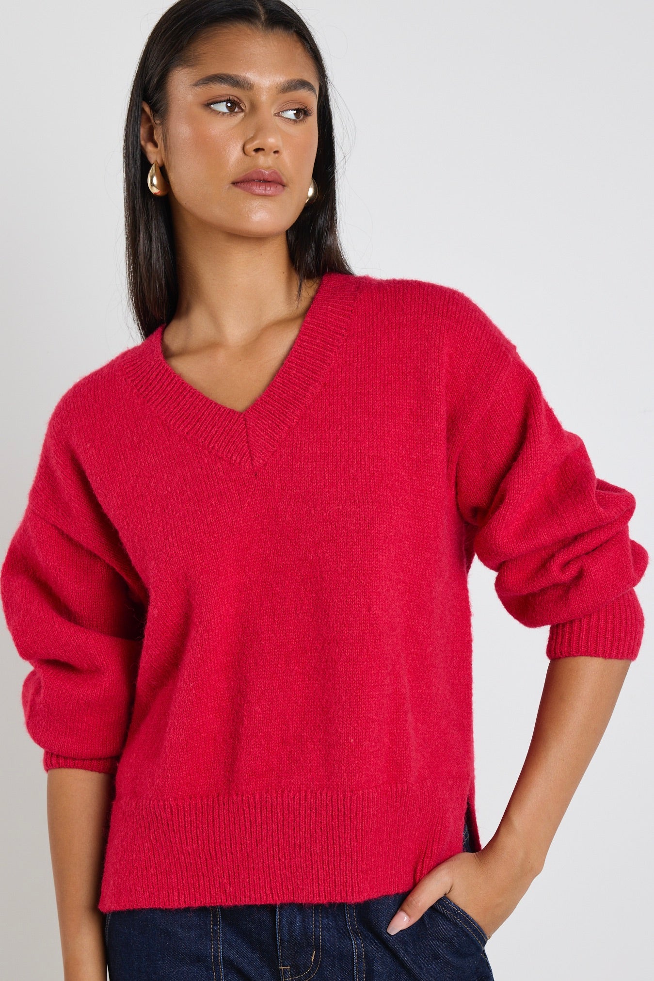 Harvest Red V-Neck Knit Sweater for Women - Soft & Cozy Pullover - Perfect for Fall & Winter Outfits, Casual Wear & Layering