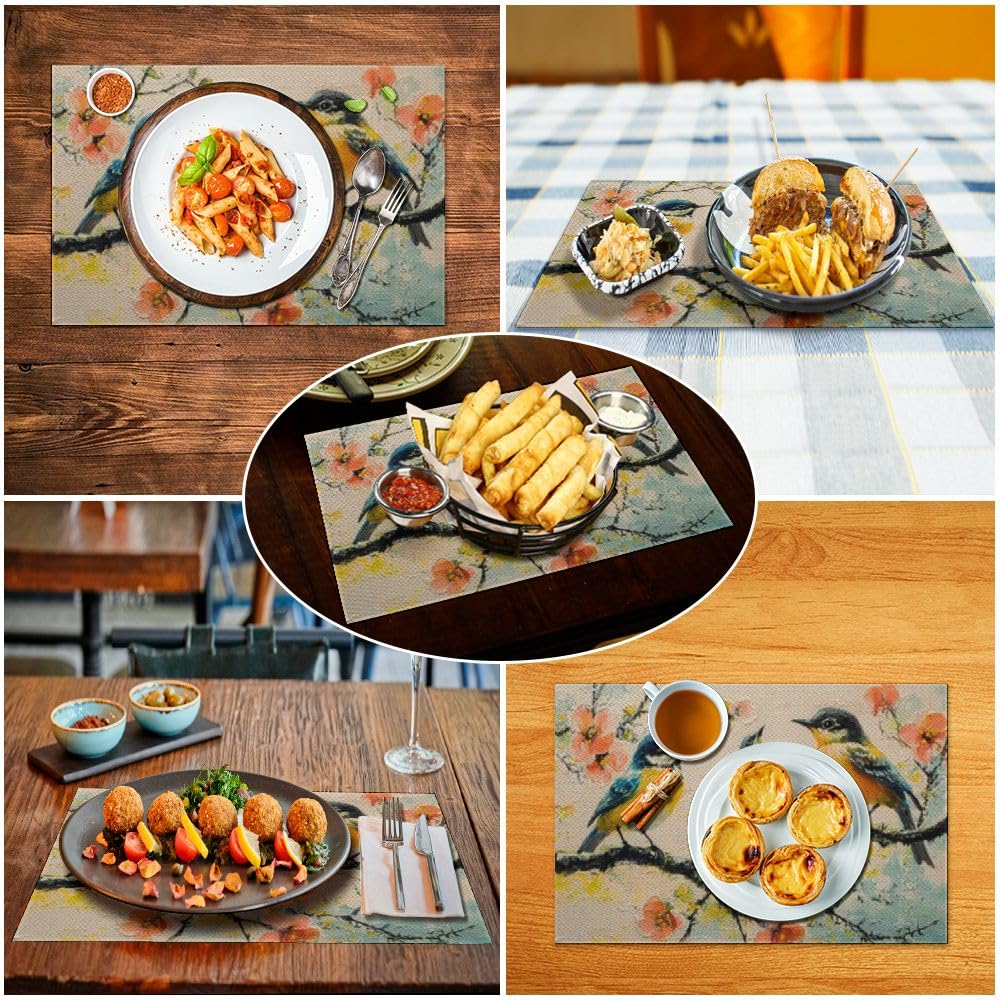 Lemon Tree Farmhouse Placemats Set - Waterproof Washable Kitchen Table Mats with Rustic Bird & Flower Design (18x12 Inch) for Dining Room Decor, Party, and Outdoor Picnic Use