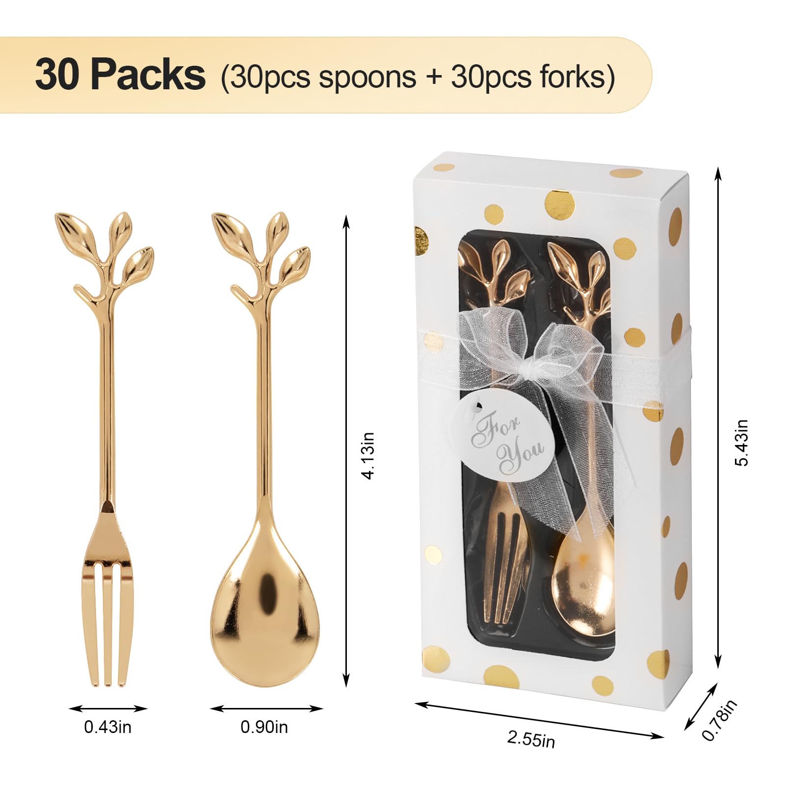 30-Piece Gold Leaf Floral Wedding Forks and Spoons Set with Gift Box - Elegant Coffee Teaspoons for Wedding, Baby Shower, Tea Party Favors - Perfect as Bridal Shower Guest Gifts and Party Decorations