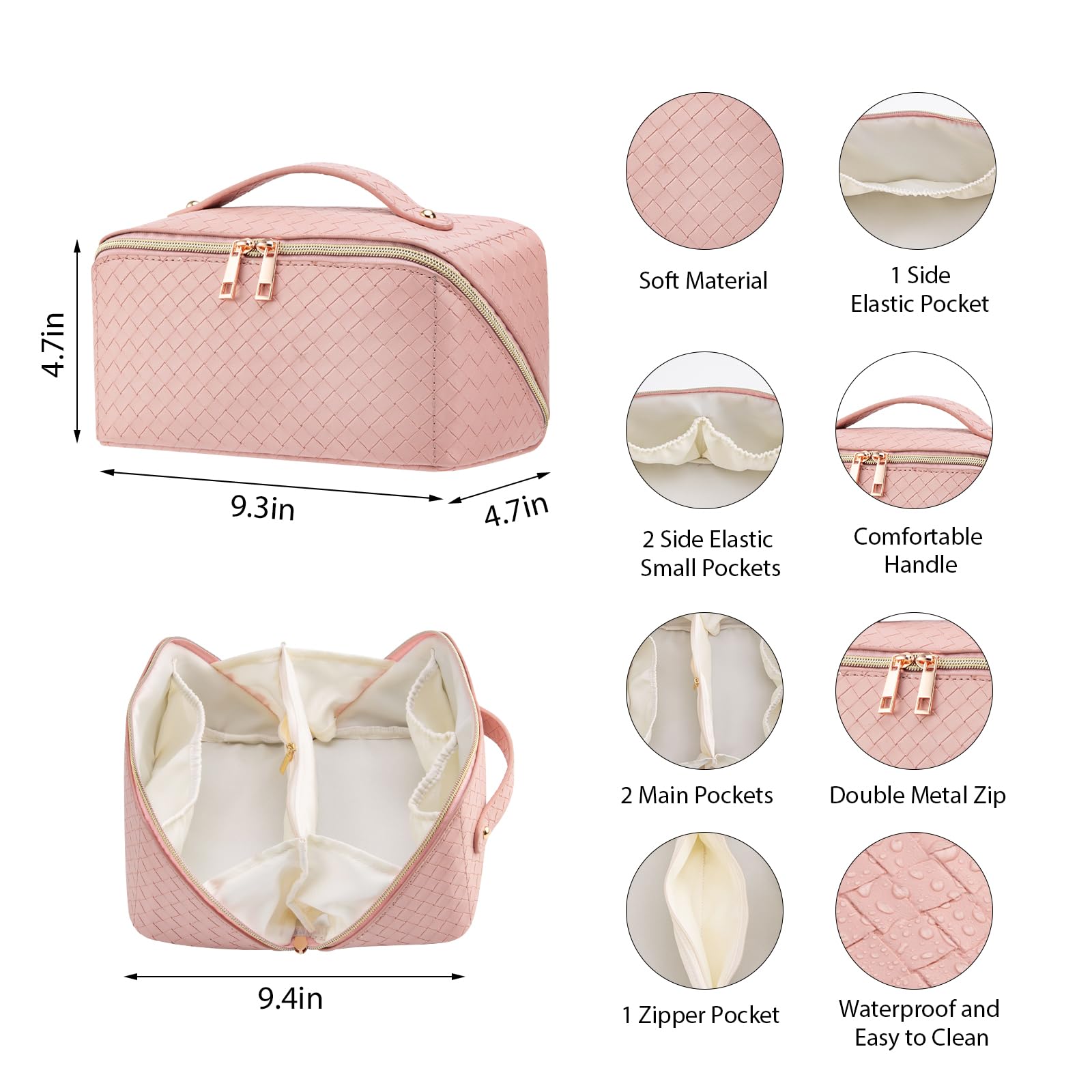 Large Capacity Waterproof Travel Makeup Bag for Women - Foldable Cosmetic Organizer with Multiple Compartments, Flat Lay Design for Easy Access - Perfect for Toiletries, Beauty Essentials & On-the-Go Makeup (Pink) | Ideal for Travel, Gym, Vacation & Daily Use