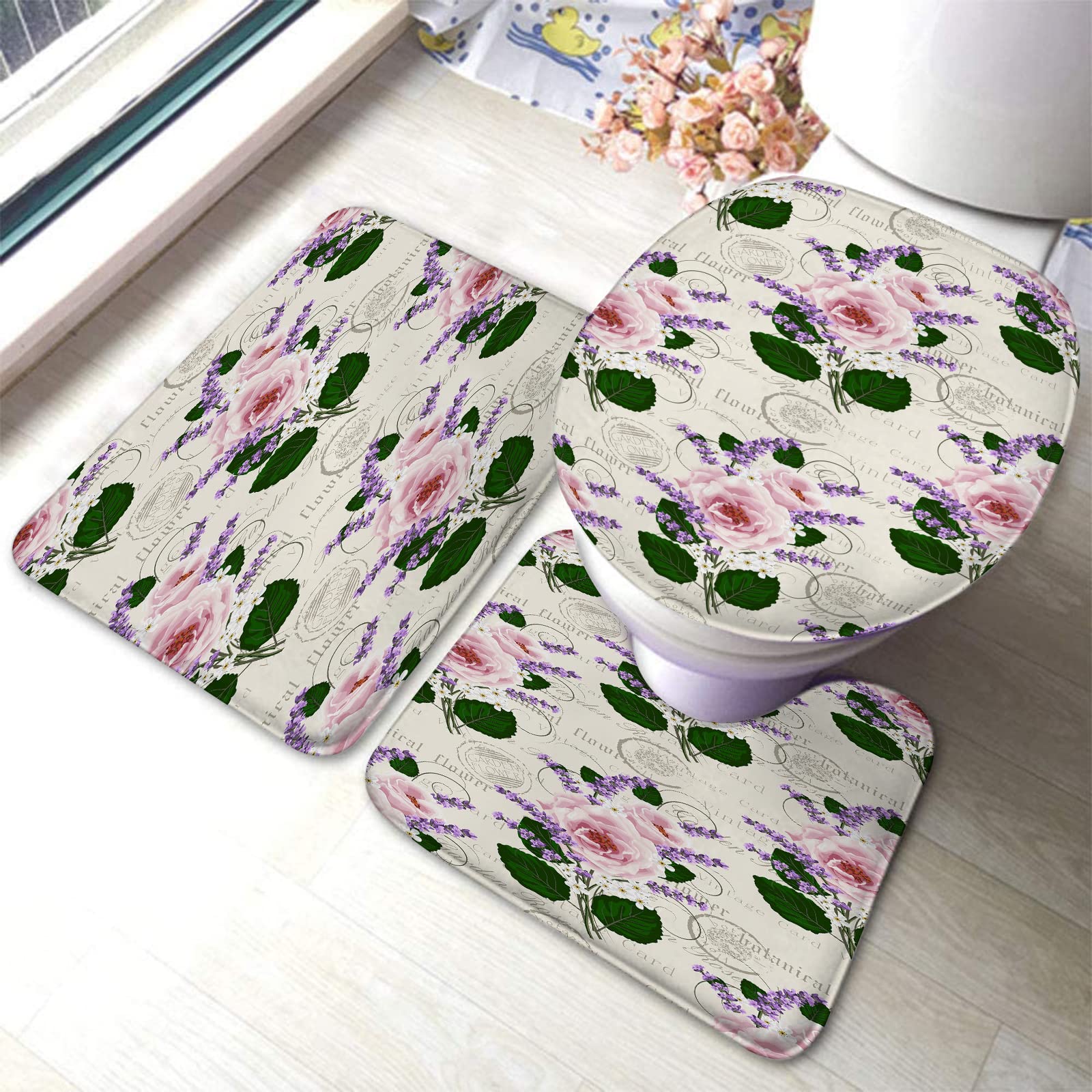 Non-Slip 3-Piece Bathroom Rug Set - Vintage Peony Lavender Boho Floral Bath Mats with Toilet Contour Mat & Lid Cover | Soft Absorbent Floor Mats for Bathroom, Toilet, Shower & Vanity Areas