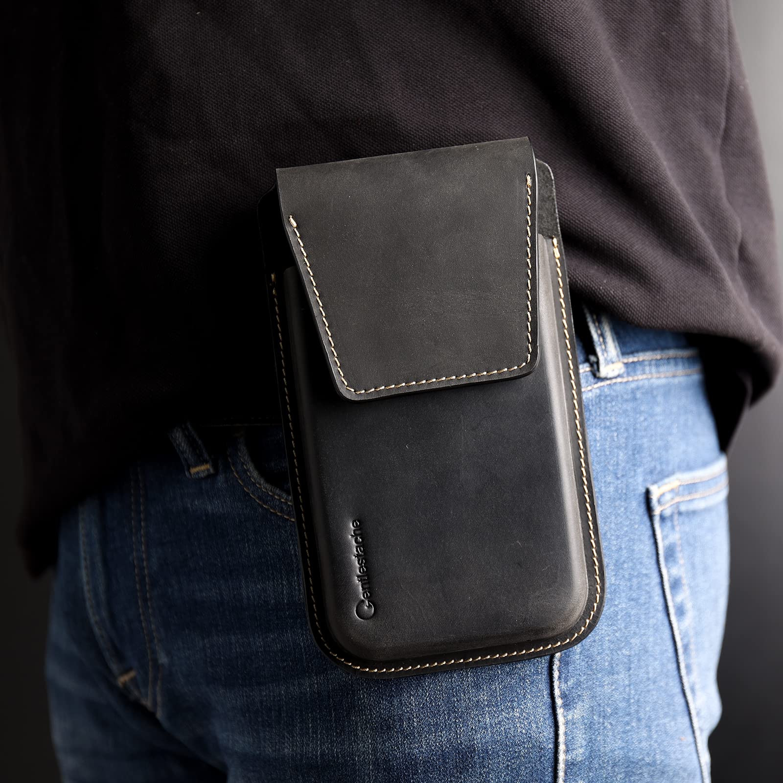 Gentlestache Leather Phone Holster with Belt Clip - Universal Flip Case for iPhone 14/13 Pro Max & Galaxy S22 Plus - Premium Leather Pouch for Large Phones (Black) - Perfect for Work, Travel & Outdoor Activities