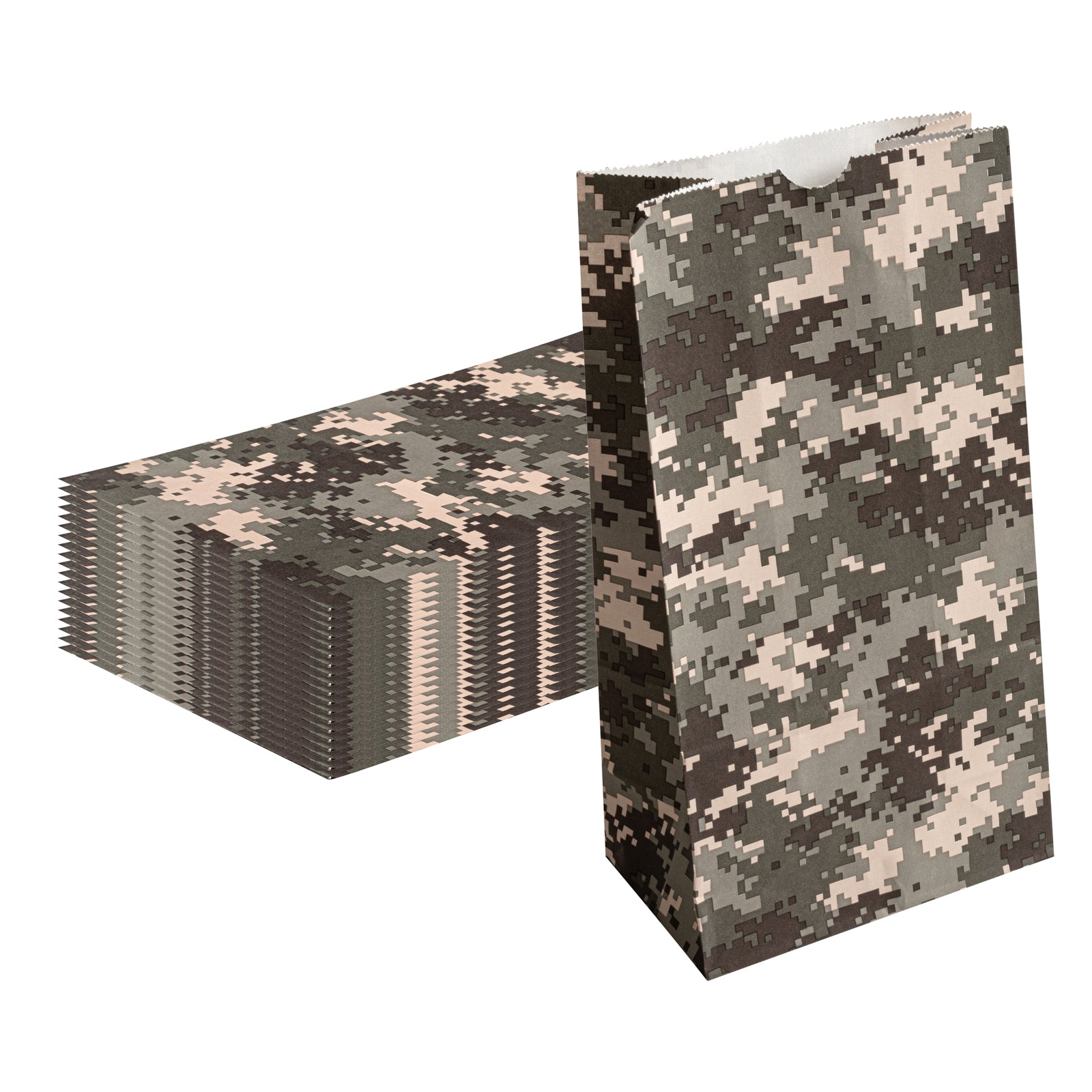 Camouflage Paper Bags 6x3.5x10.75 Inches - 6 lb Weight Capacity - Pack of 100 Bulk Kraft Gift Bags for Hunting, Military, Outdoor Events & Party Favors