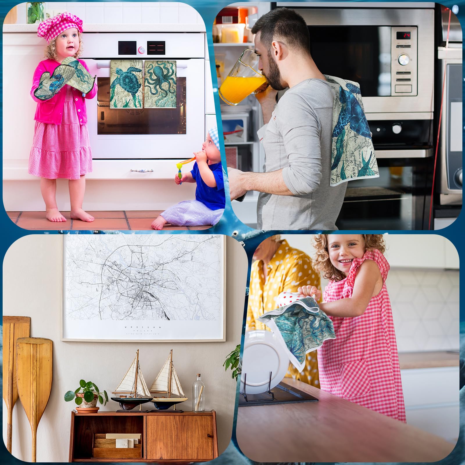 6-Piece Coastal Kitchen Towel Set - 2 Dish Towels, 2 Oven Mitts & 2 Heat Resistant Potholders - Beach Themed Ocean Animal Design for Cooking, Baking & Kitchen Decor - Perfect Housewarming Gift