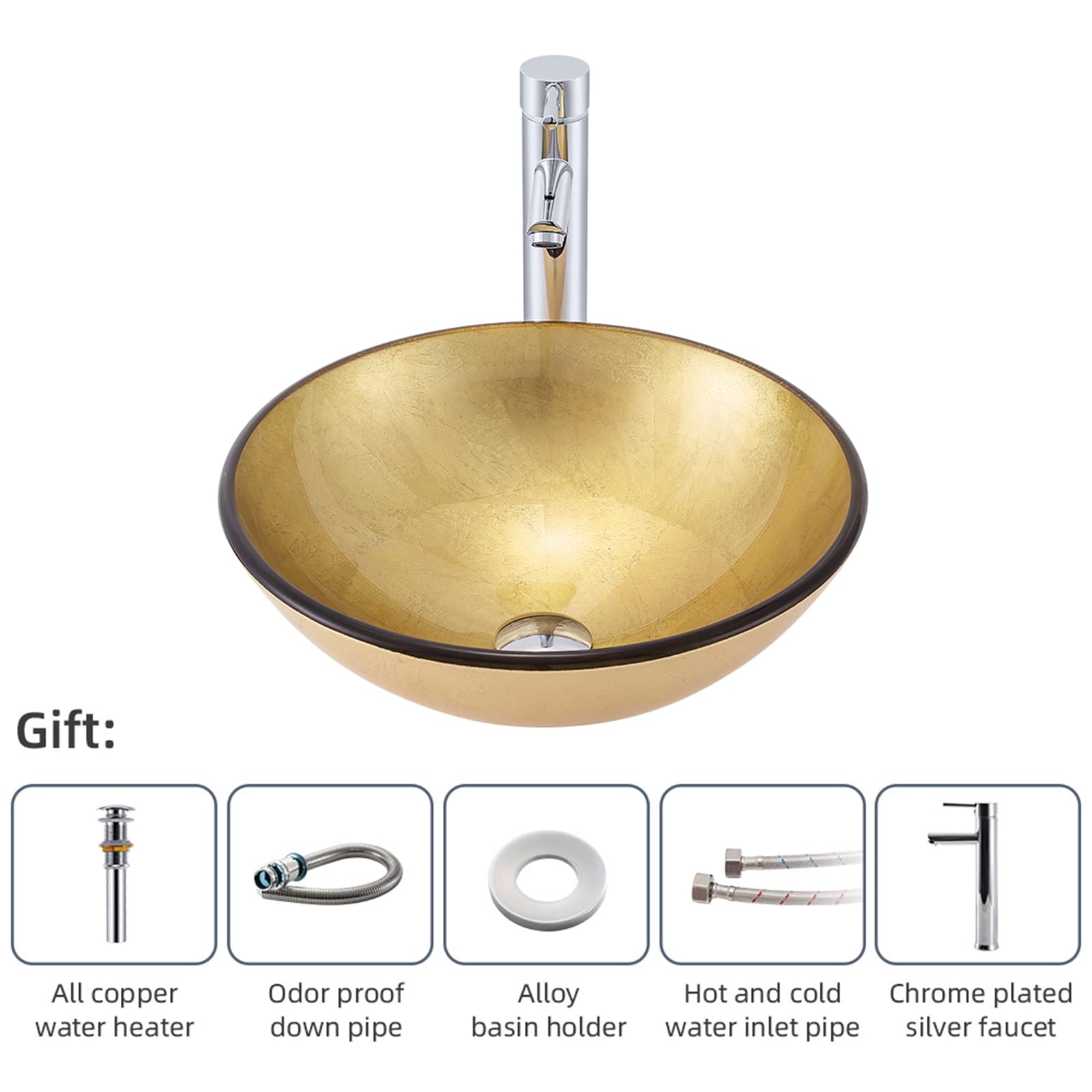 Golden Tempered Glass Vessel Sink - Round Bathroom Countertop Basin with Brass/Chrome Faucet Combo & Pop-Up Drain - Modern Vanity Sink for Luxury Bathrooms, Powder Rooms & Spa Retreats