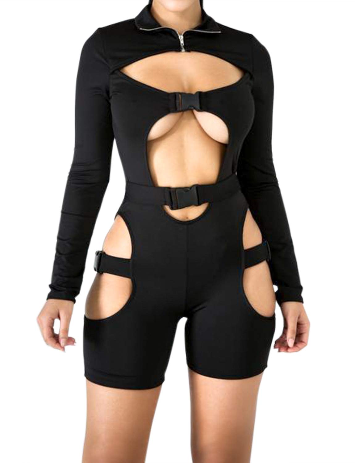 VWIWV Women's Long Sleeve Jumpsuit - Sexy Bodycon Romper with Buckle Detail & Hollow Out Design | Perfect for Night Out, Party, Date Night & Club Wear