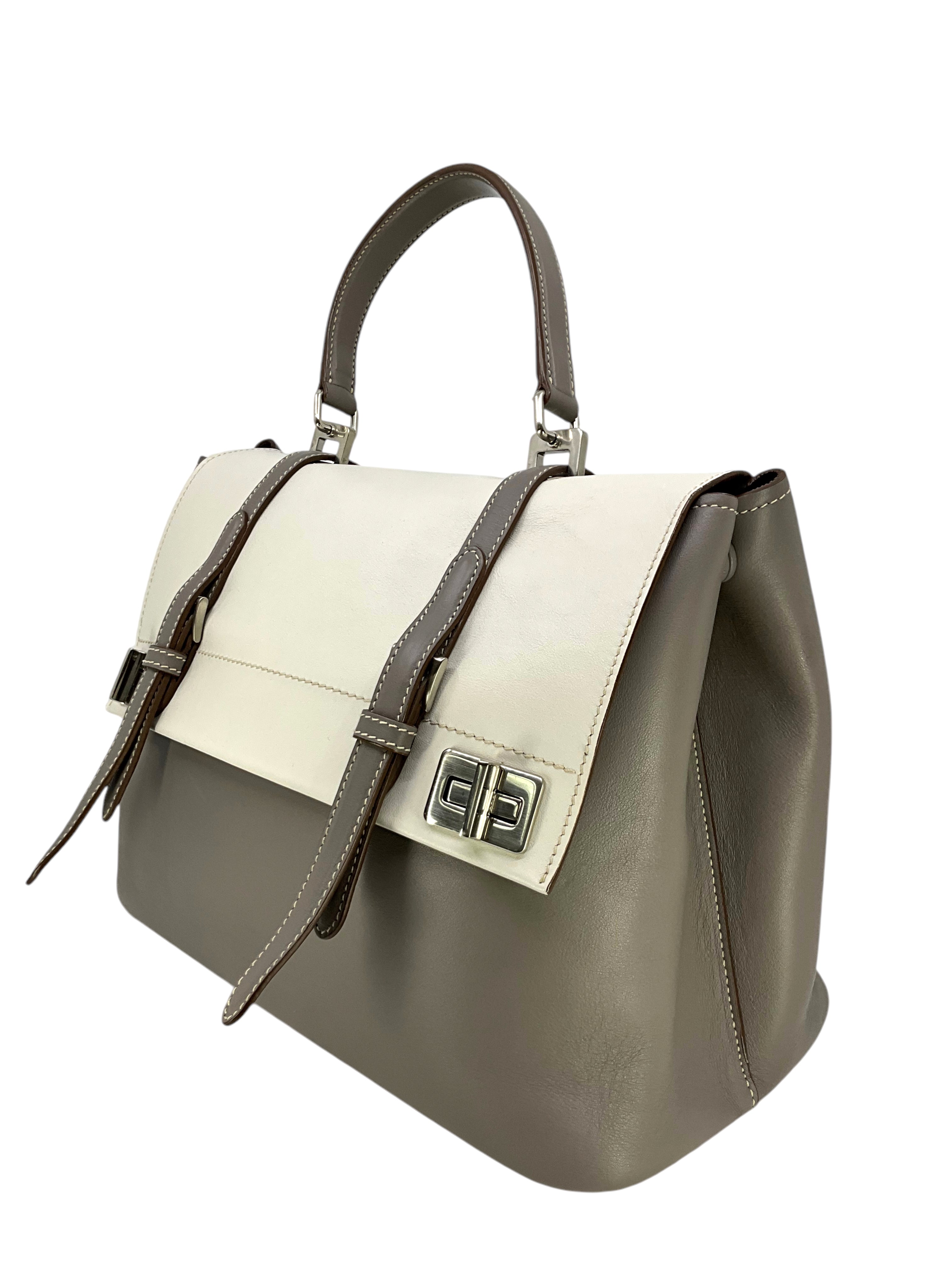PRADA Dual Flap Double Turn Lock Satchel Handbag - Genuine Calfskin Leather Large Tote Bag for Women | Perfect for Work, Travel & Everyday Use