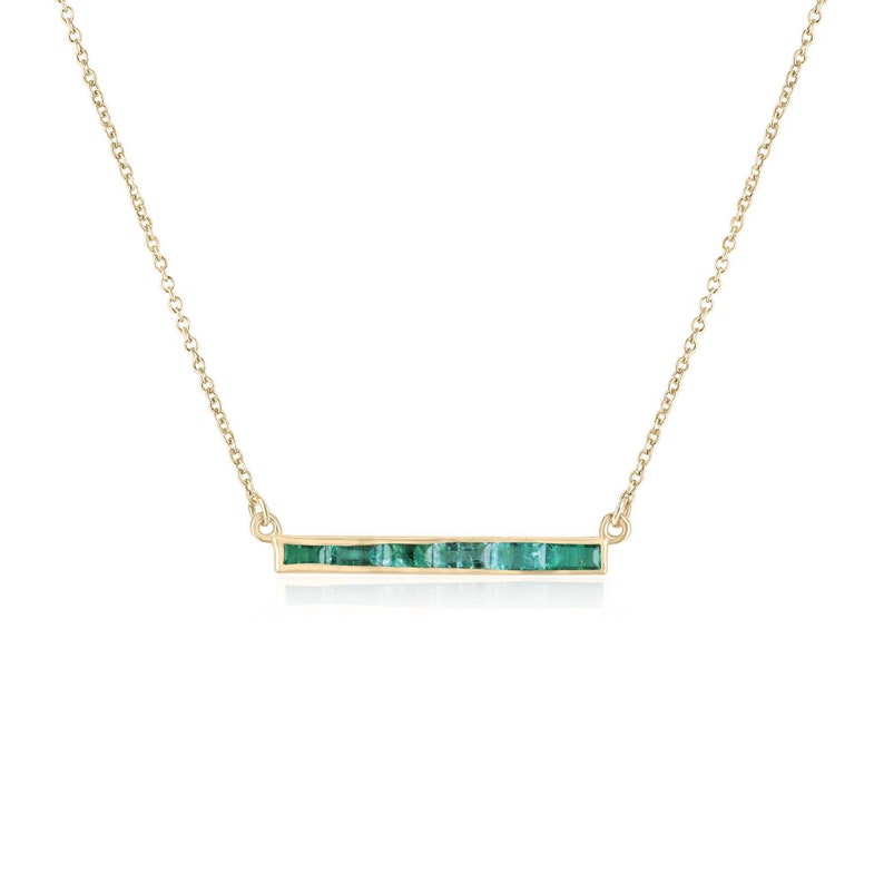 14K Gold East to West Stationary Cable Chain Necklace with 0.90ct Baguette Cut Emerald - Medium Green Gemstone Jewelry for Women, Perfect for Weddings, Parties & Special Occasions
