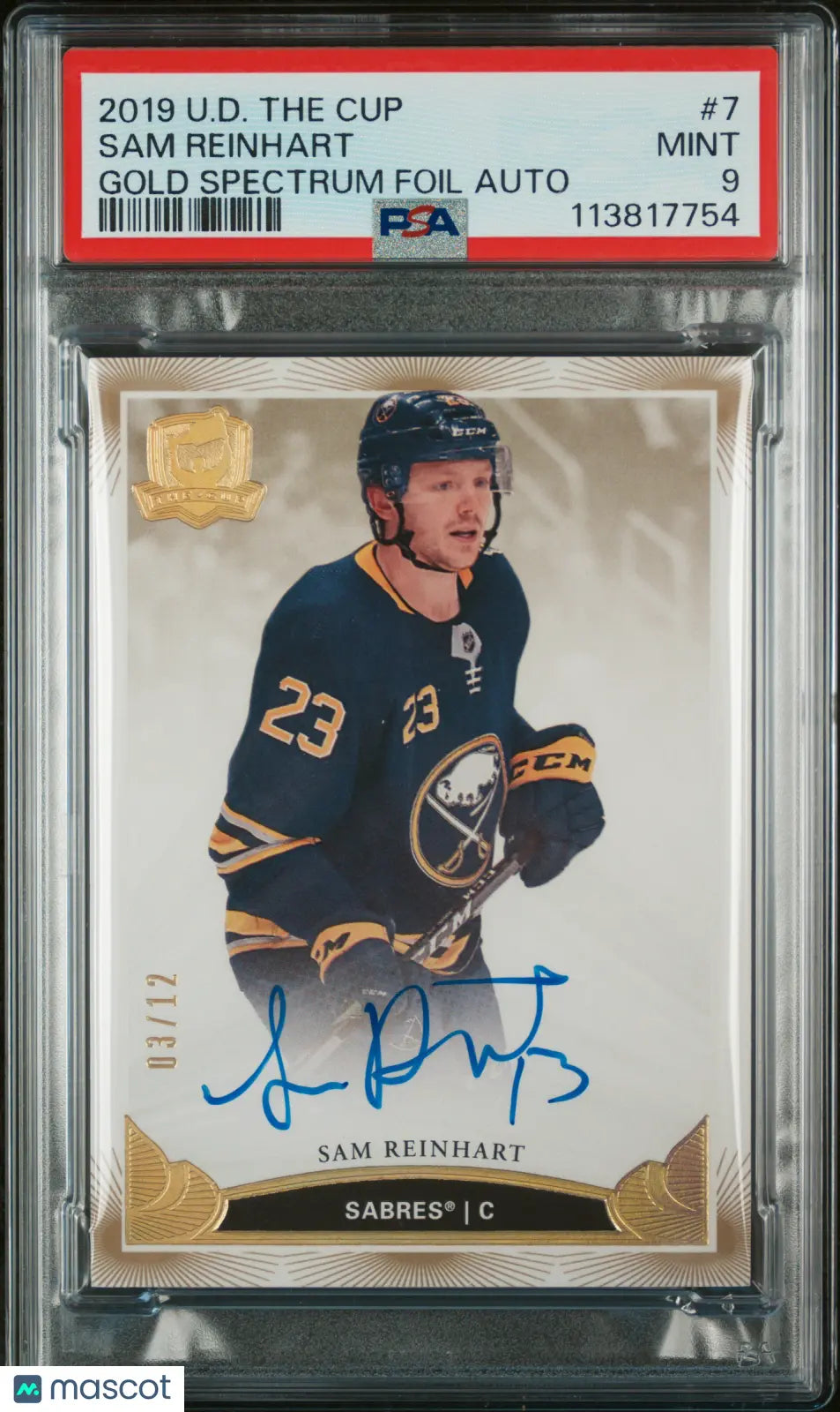 2019 Upper Deck The Cup Sam Reinhart Gold Spectrum Foil Auto PSA 9/12 Hockey Card - Rare Collectible for NHL Fans & Sports Memorabilia Enthusiasts